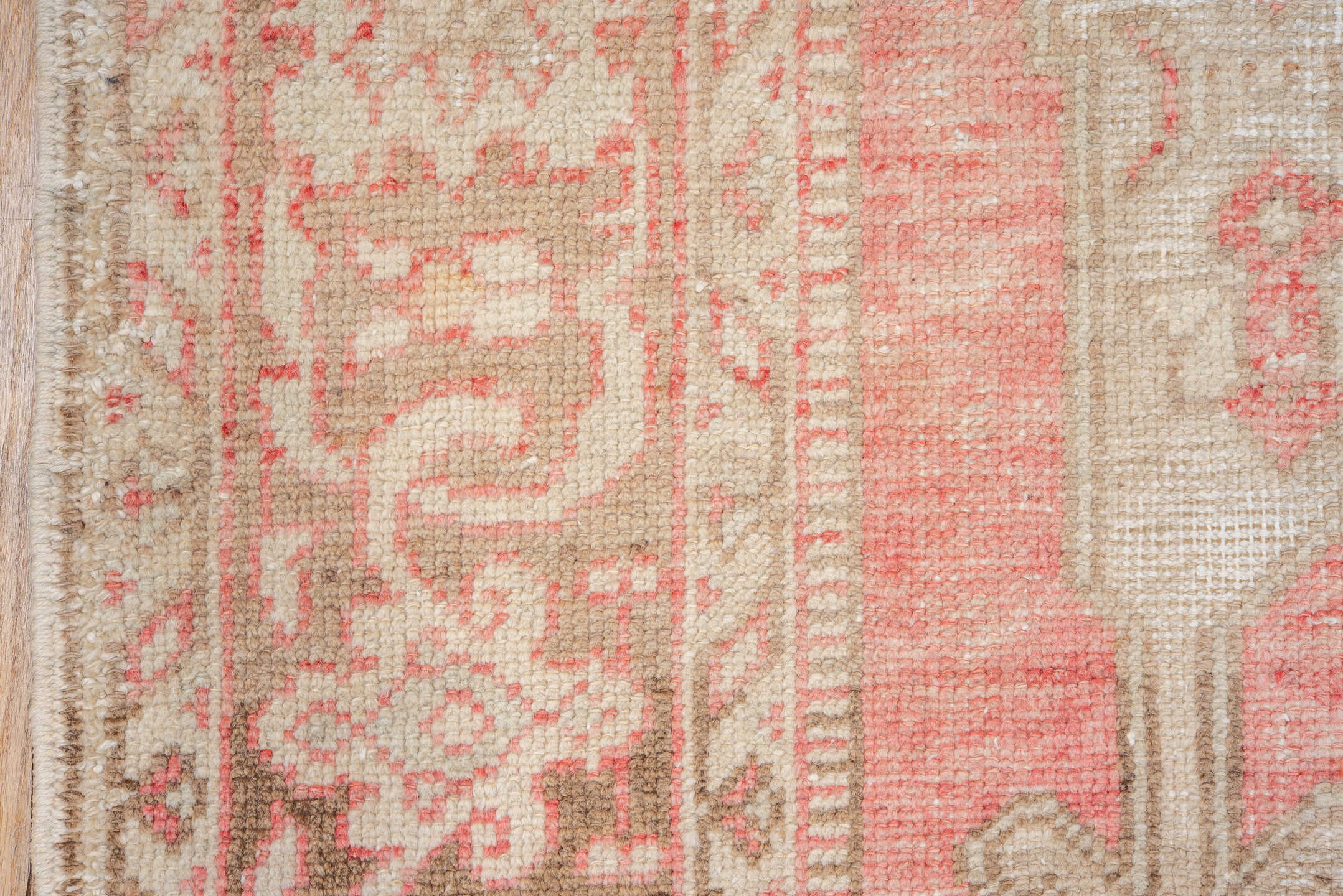 5' x 8' one-of-a-kind handmade vintage Oushak medium size rug. Color palette: coral, ivory, taupe, beige, blush, camel, gold