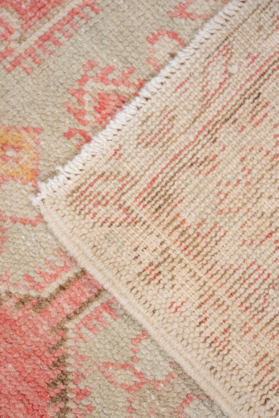 5' x 8' one-of-a-kind handmade vintage Oushak medium size rug. Color palette: coral, ivory, taupe, beige, blush, camel, gold