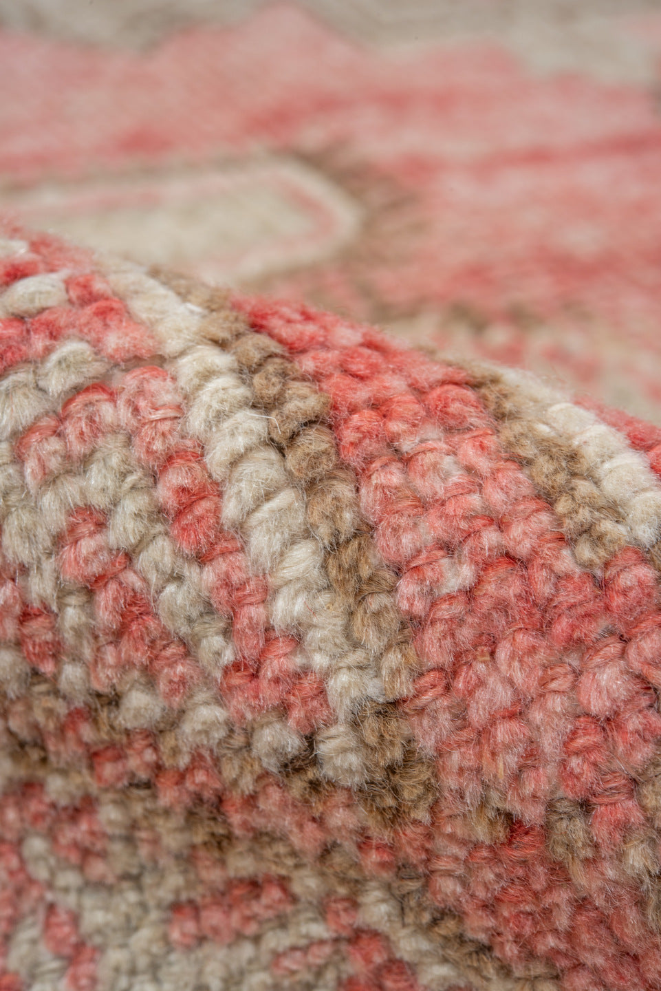 5' x 8' one-of-a-kind handmade vintage Oushak medium size rug. Color palette: coral, ivory, taupe, beige, blush, camel, gold