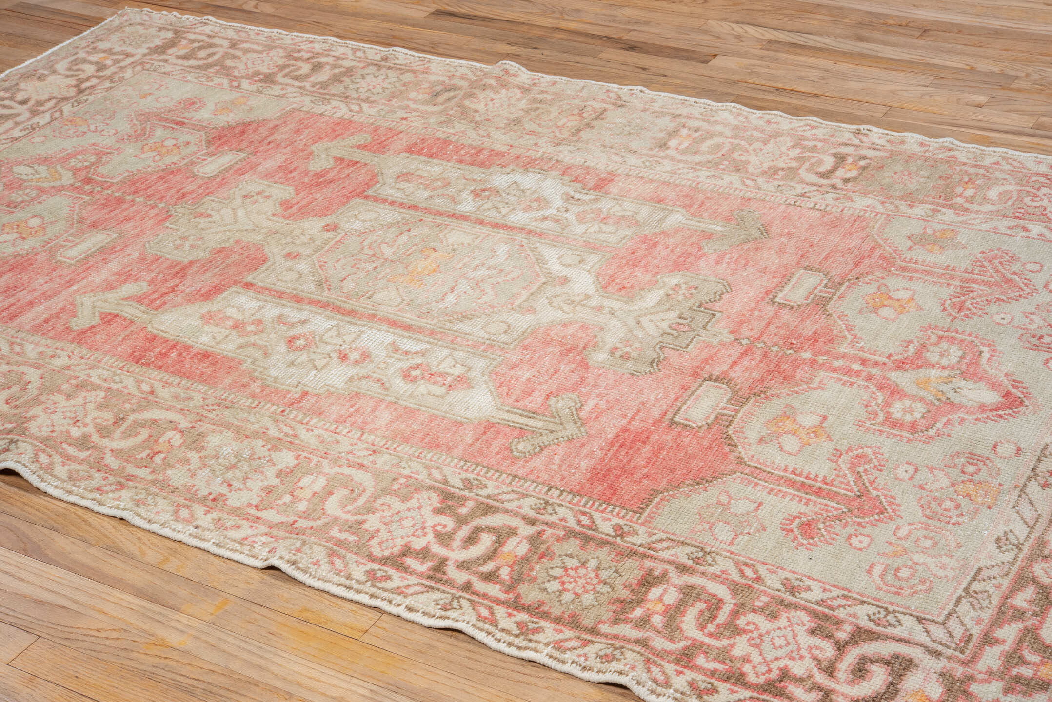 5' x 8' one-of-a-kind handmade vintage Oushak medium size rug. Color palette: coral, ivory, taupe, beige, blush, camel, gold