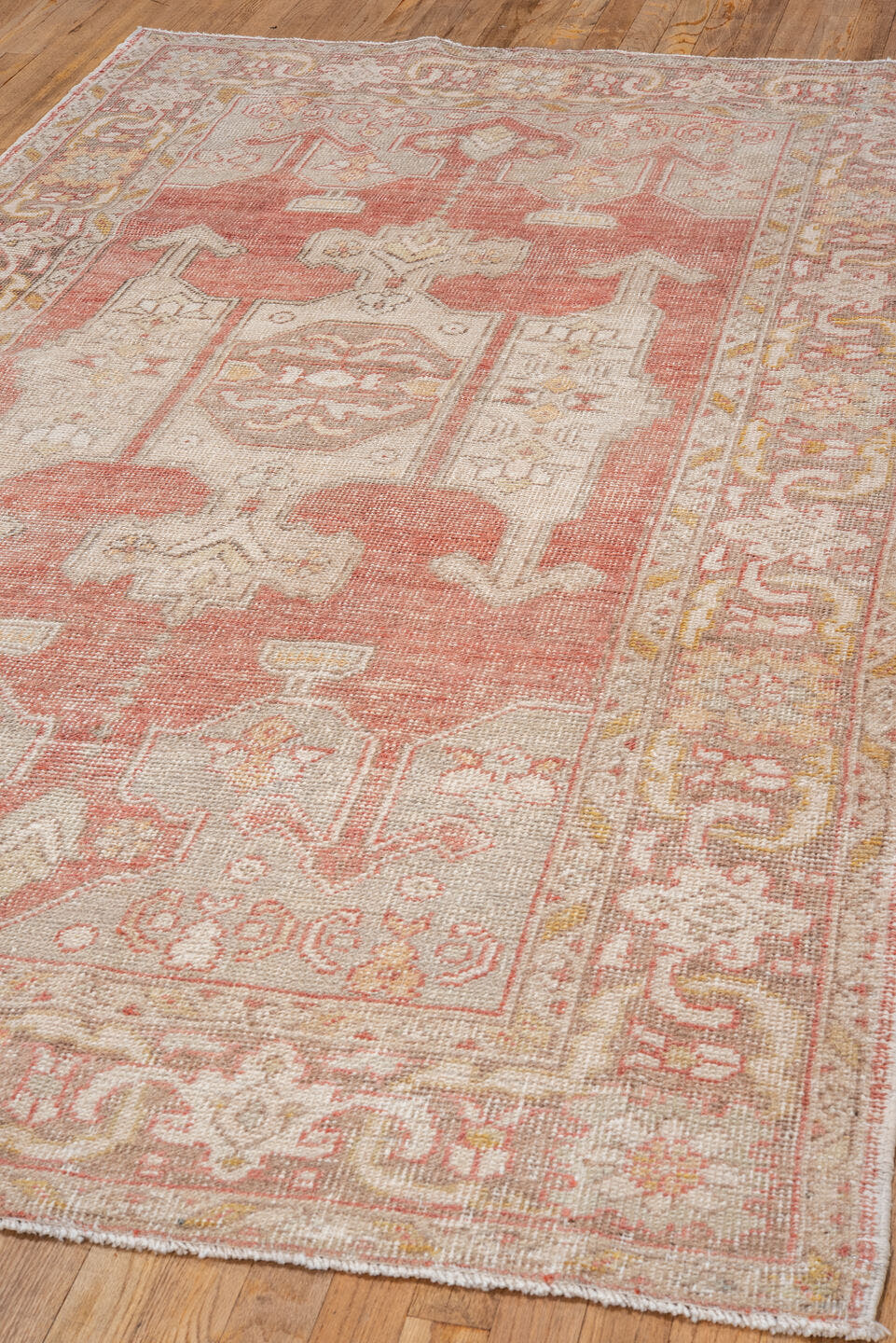 4' x 7' one-of-a-kind handmade vintage Oushak rug. Color palette: coral, ivory, taupe, gold, rust, beige, terracotta, gray