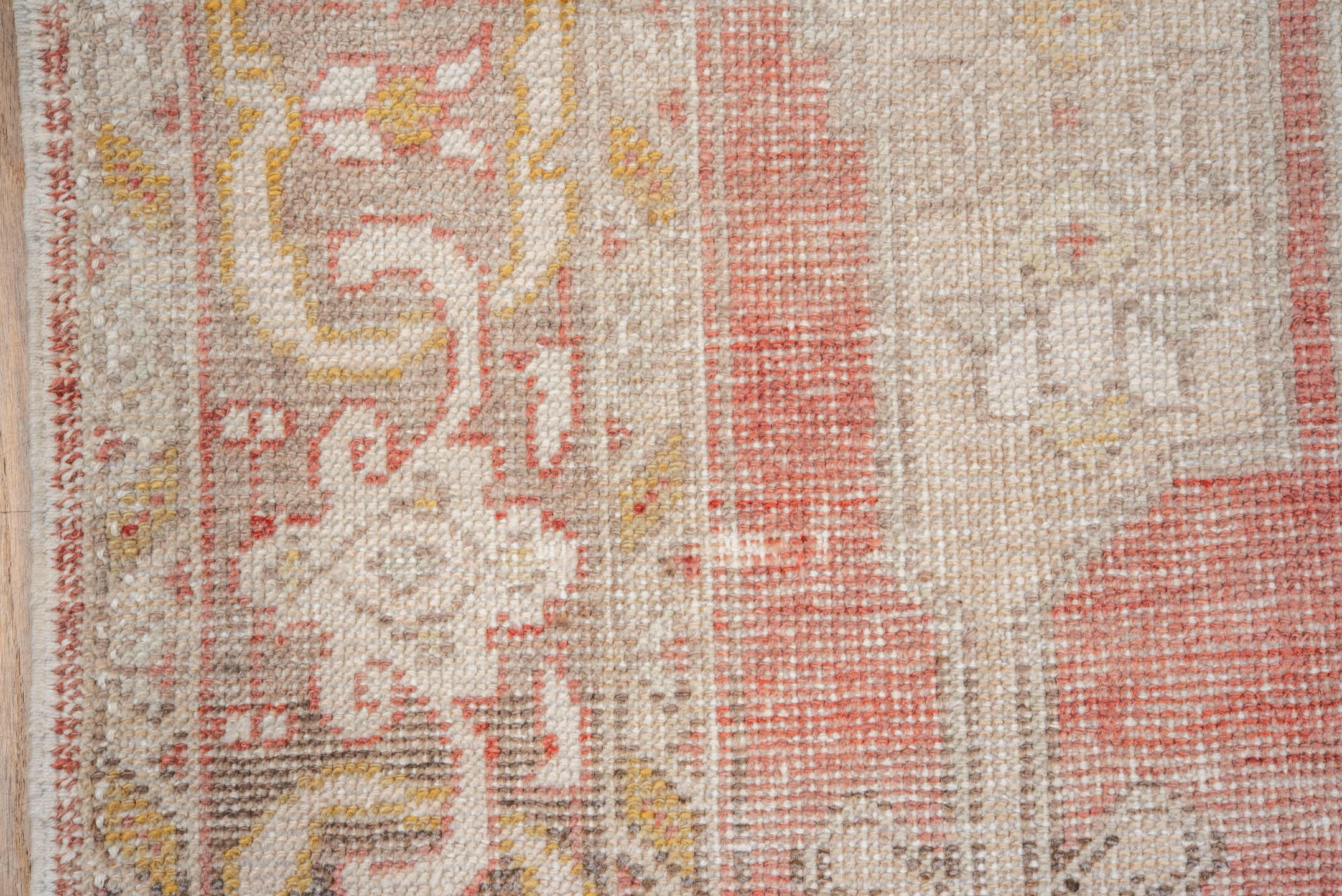 4' x 7' one-of-a-kind handmade vintage Oushak rug. Color palette: coral, ivory, taupe, gold, rust, beige, terracotta, gray