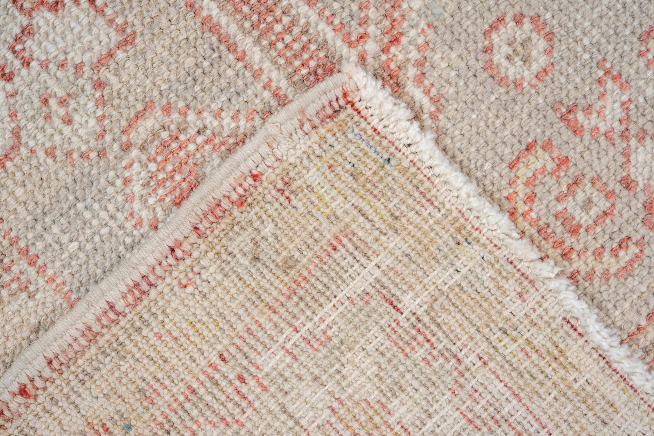 4' x 7' one-of-a-kind handmade vintage Oushak rug. Color palette: coral, ivory, taupe, gold, rust, beige, terracotta, gray