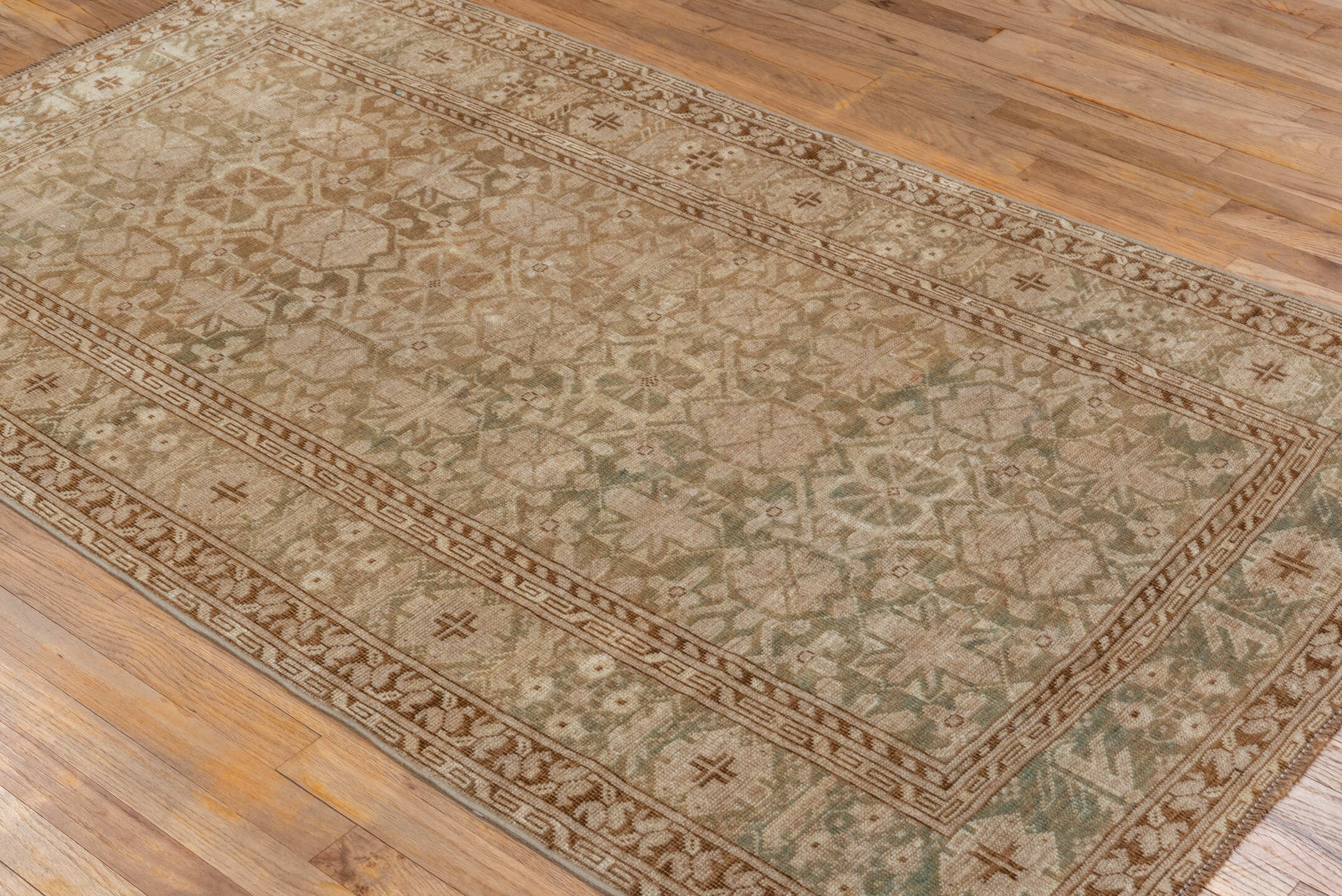 3' x 6' one-of-a-kind handmade vintage Afghan small size rug. Color palette: brown, off-white, pink