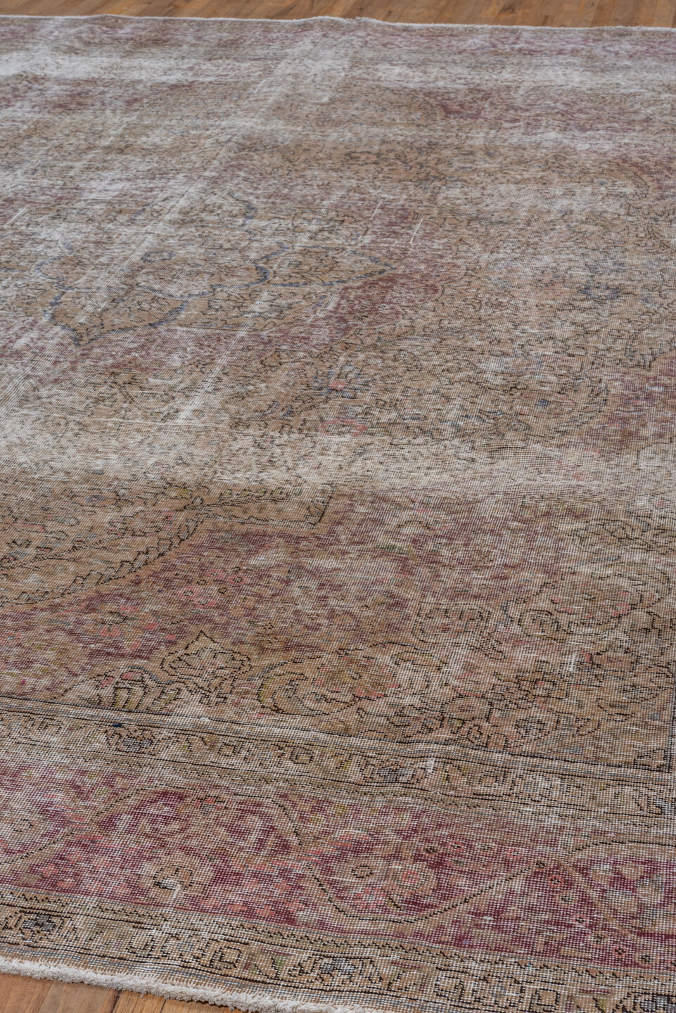 9' x 12' one-of-a-kind handmade vintage Tabriz large size rug. Color palette: taupe, rose, ivory, dusty mauve, beige, brown