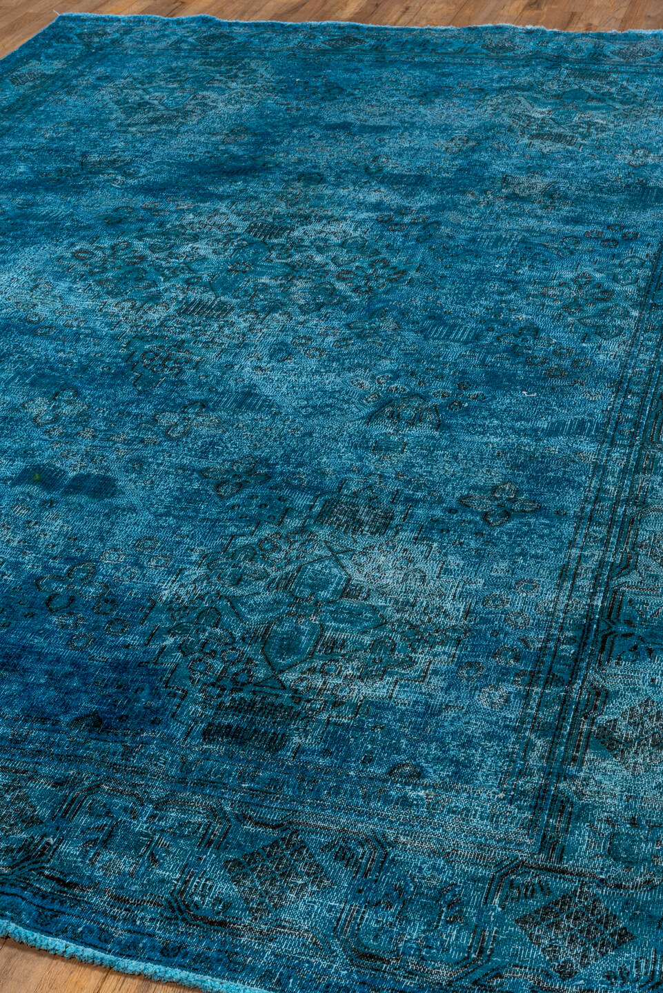 7' x 10' one-of-a-kind handmade vintage Overdyed large size rug. Color palette: teal, turquoise, aqua, charcoal, slate, gray