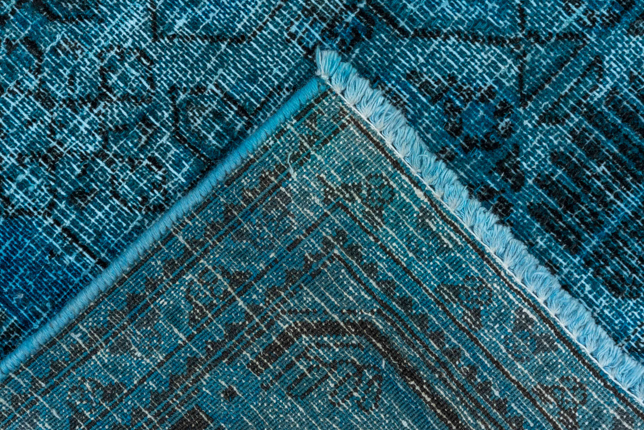 7' x 10' one-of-a-kind handmade vintage Overdyed large size rug. Color palette: teal, turquoise, aqua, charcoal, slate, gray
