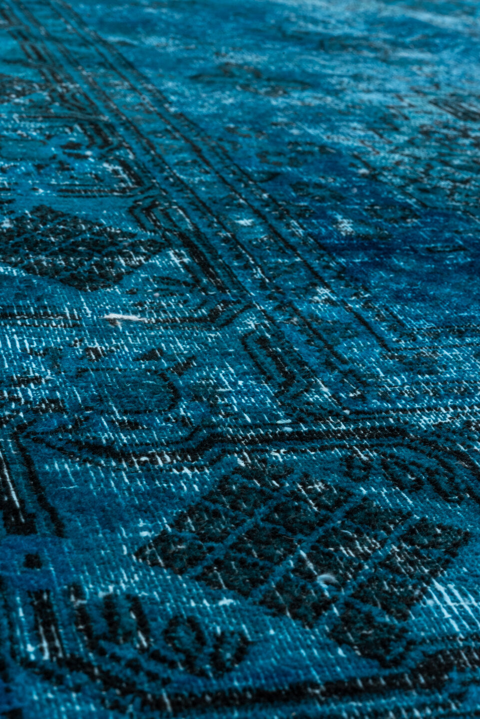 7' x 10' one-of-a-kind handmade vintage Overdyed large size rug. Color palette: teal, turquoise, aqua, charcoal, slate, gray