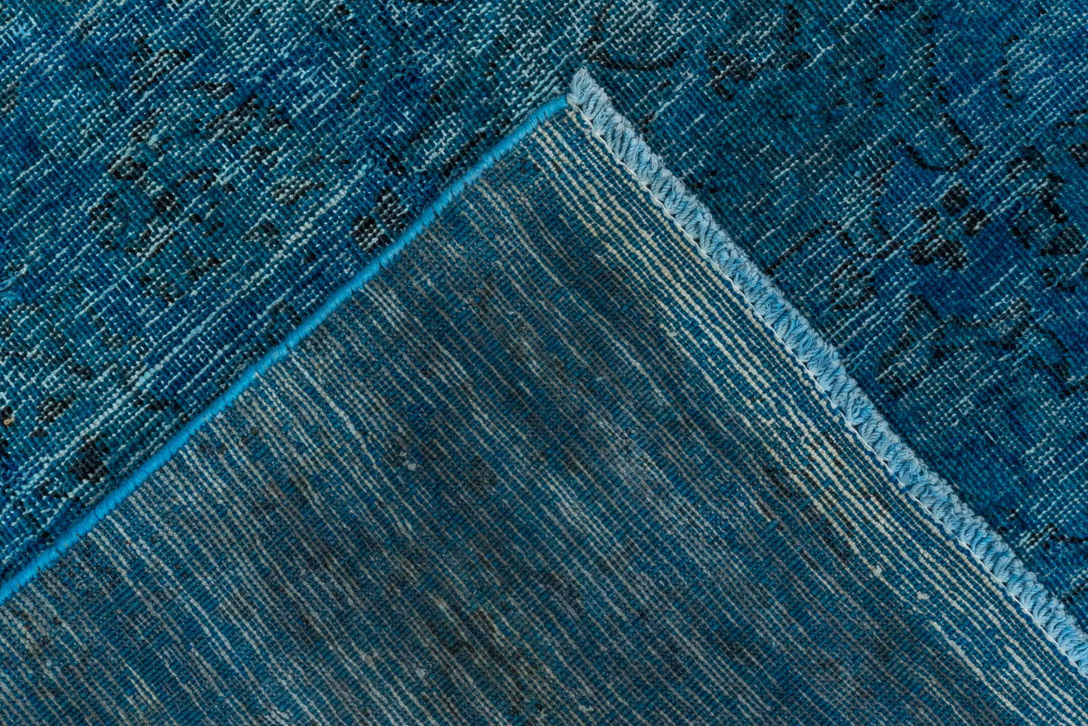 9' x 12' one-of-a-kind handmade vintage Overdyed large size rug. Color palette: arapawa, blue, gray, light blue