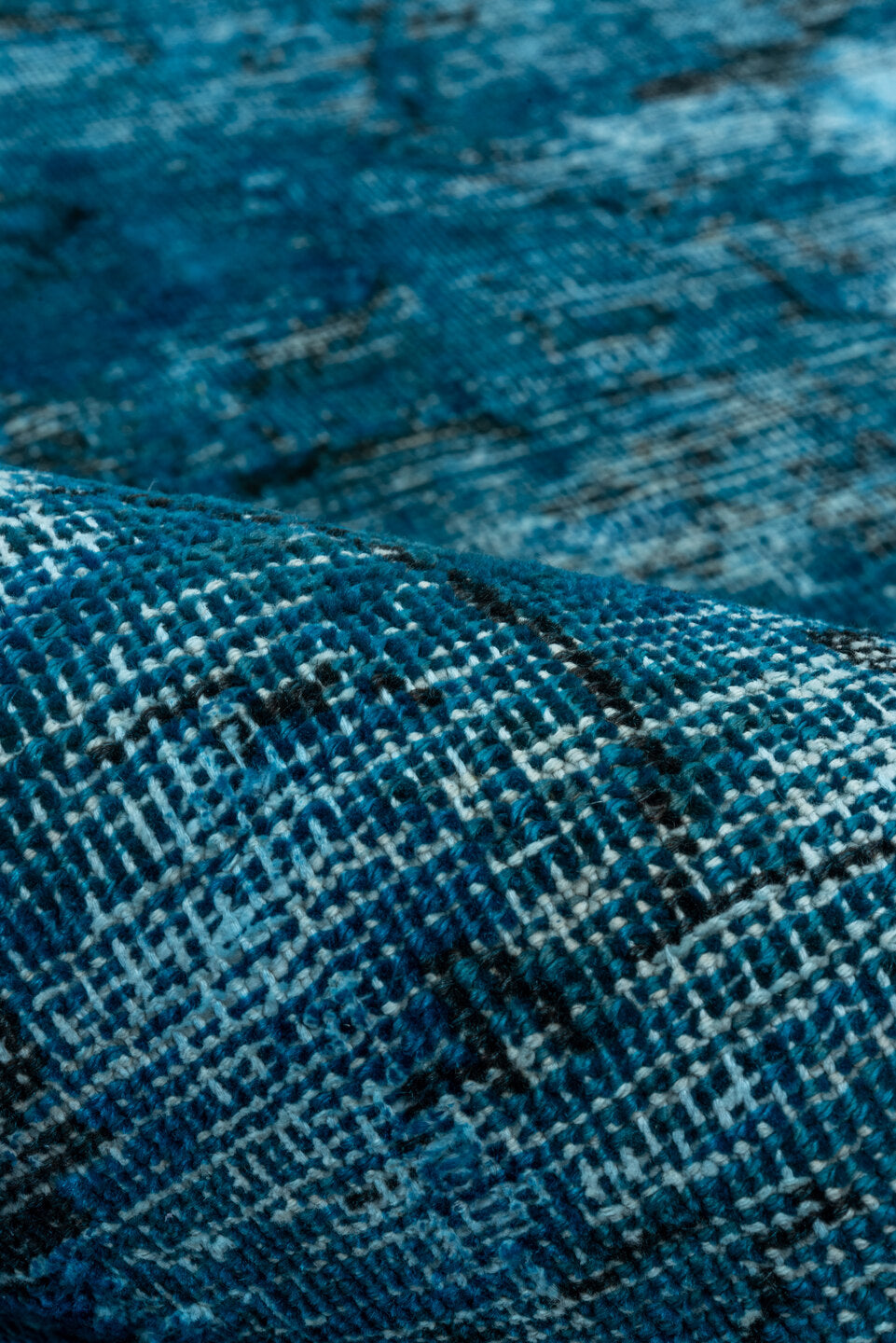 9' x 12' one-of-a-kind handmade vintage Overdyed large size rug. Color palette: teal, azure, slate, charcoal, light blue