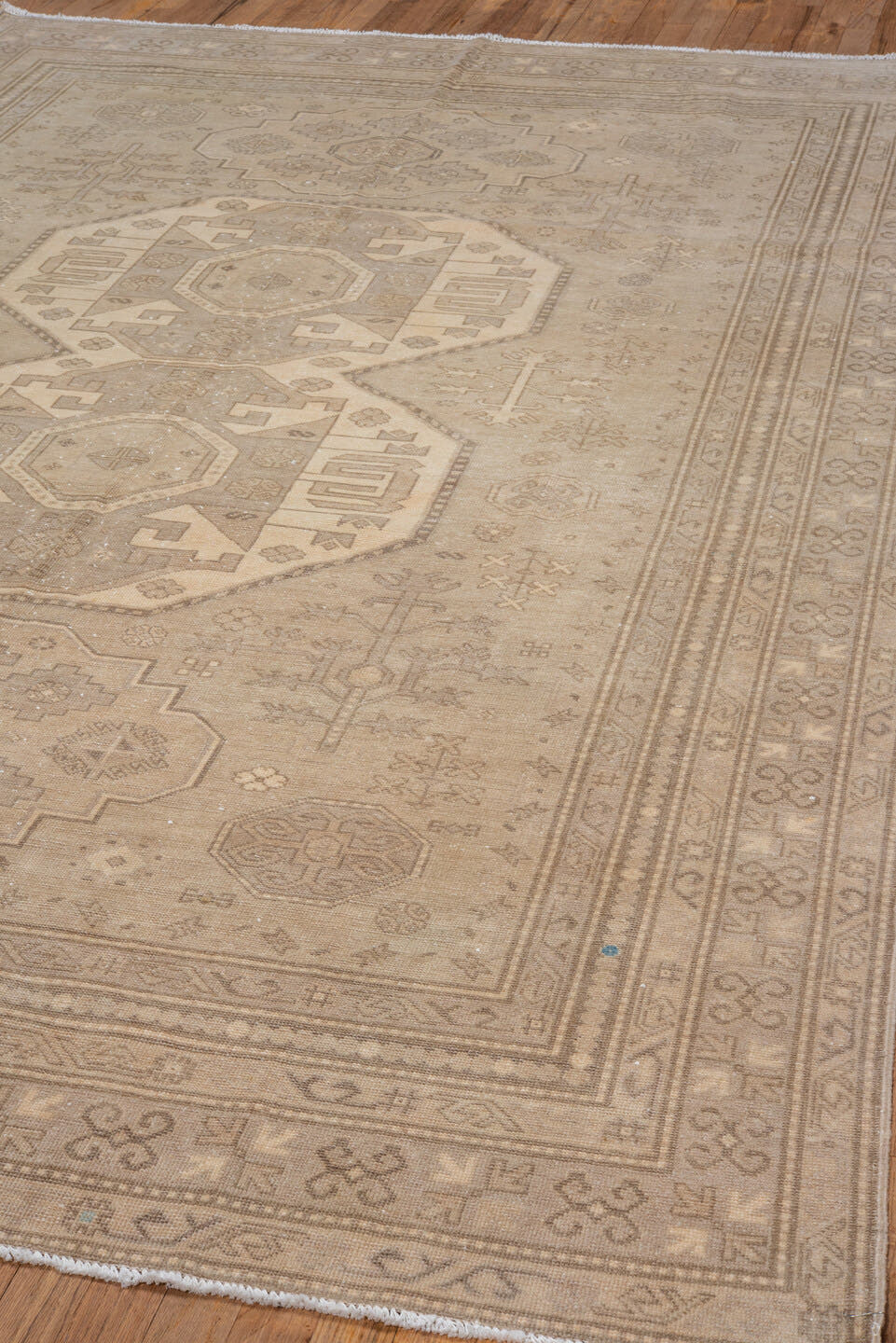 6' x 10' one-of-a-kind handmade vintage Derband large size rug. Color palette: beige, ivory, taupe, camel, sand, light brown