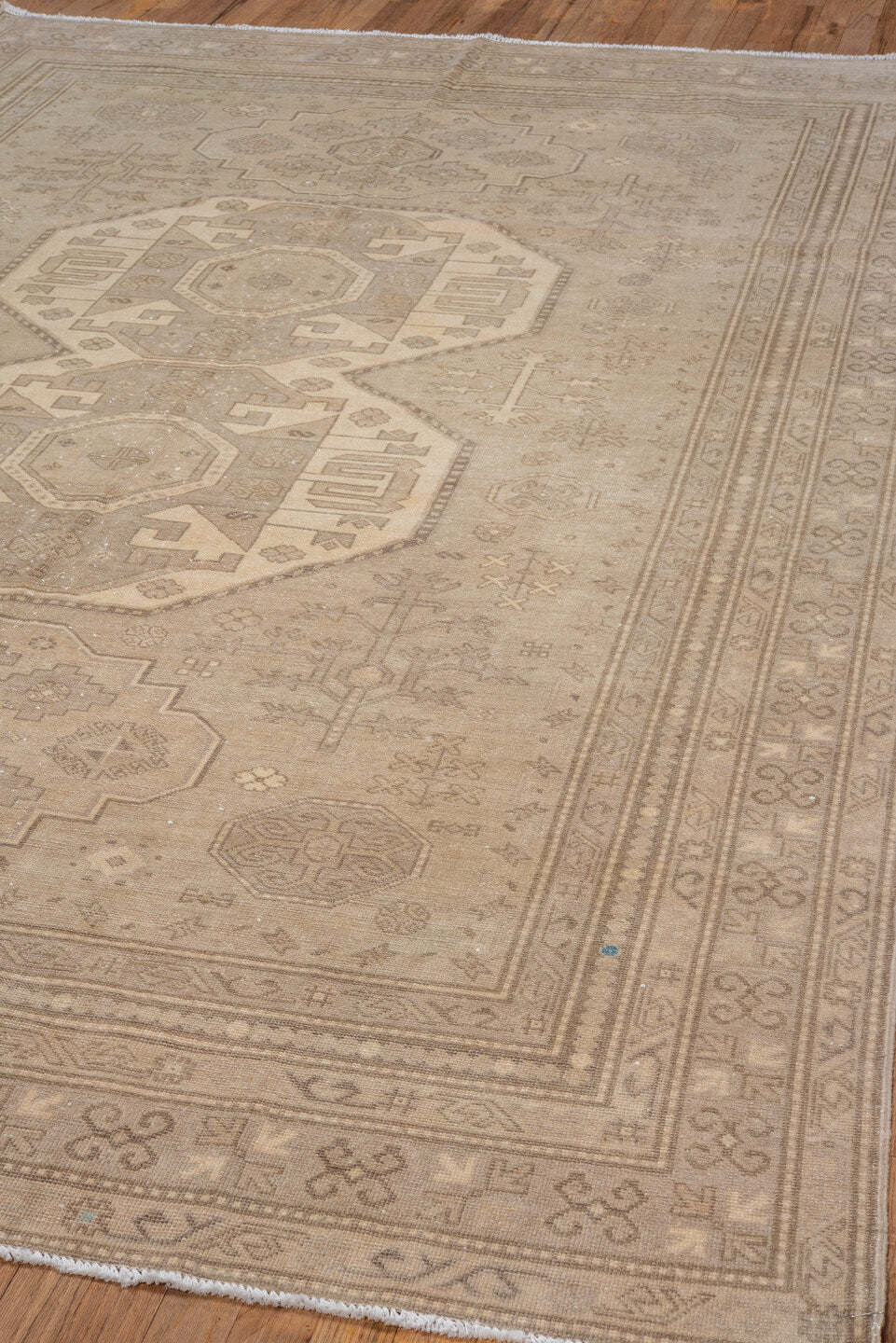 6' x 10' one-of-a-kind handmade vintage Derband large size rug. Color palette: beige, ivory, taupe, camel, sand, light brown