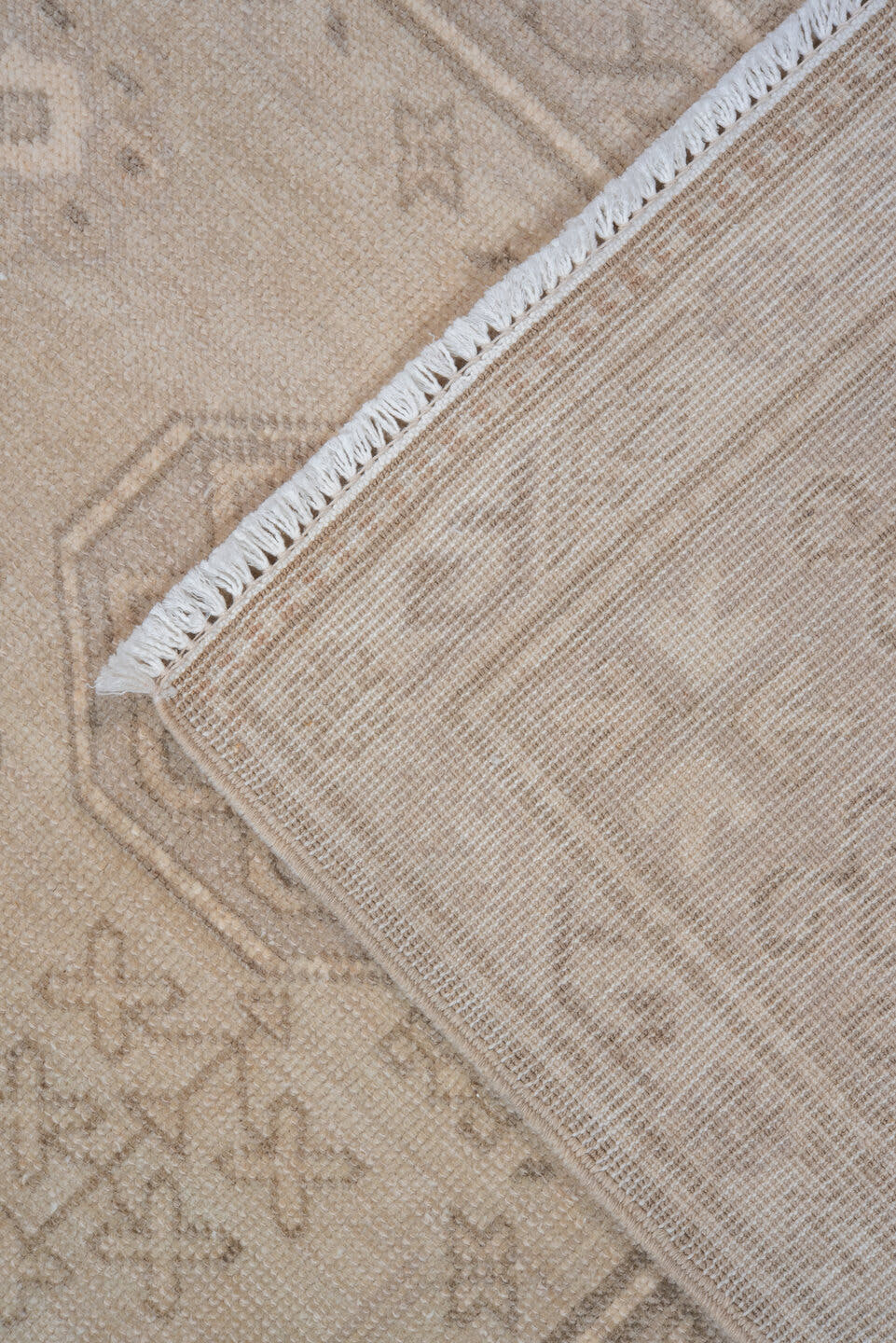 6' x 10' one-of-a-kind handmade vintage Derband large size rug. Color palette: beige, ivory, taupe, camel, sand, light brown