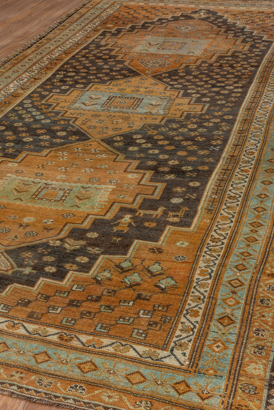 6' x 12' one-of-a-kind handmade vintage Kurd large size rug. Color palette: camel, brown, sky blue, ivory, taupe, charcoal