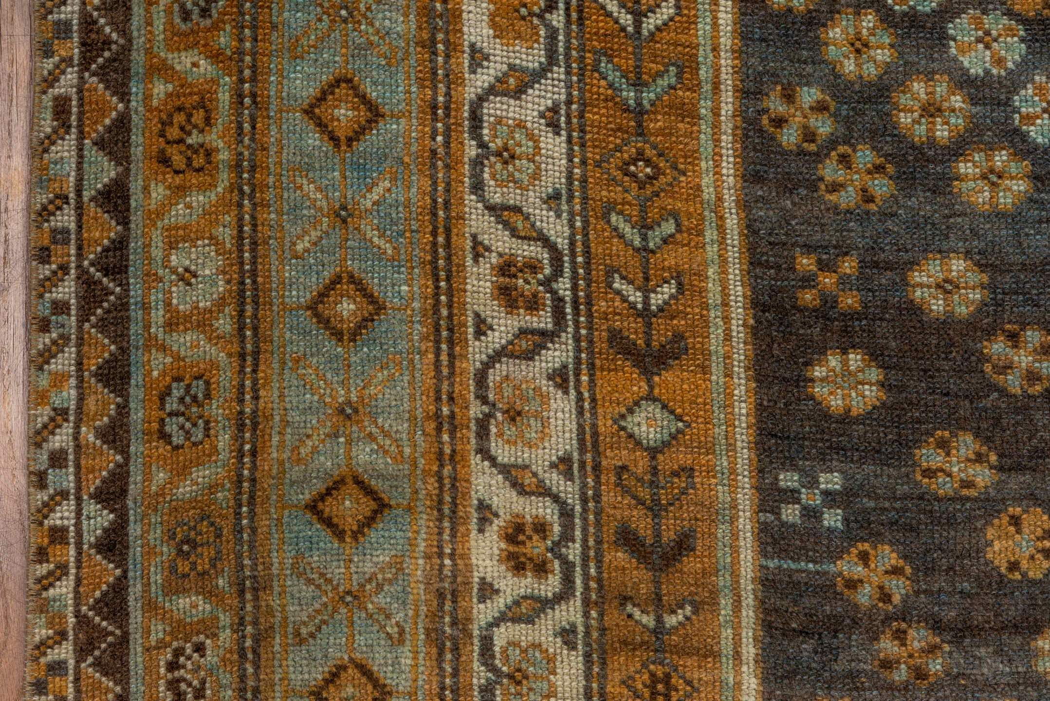 6' x 12' one-of-a-kind handmade vintage Kurd large size rug. Color palette: camel, brown, sky blue, ivory, taupe, charcoal
