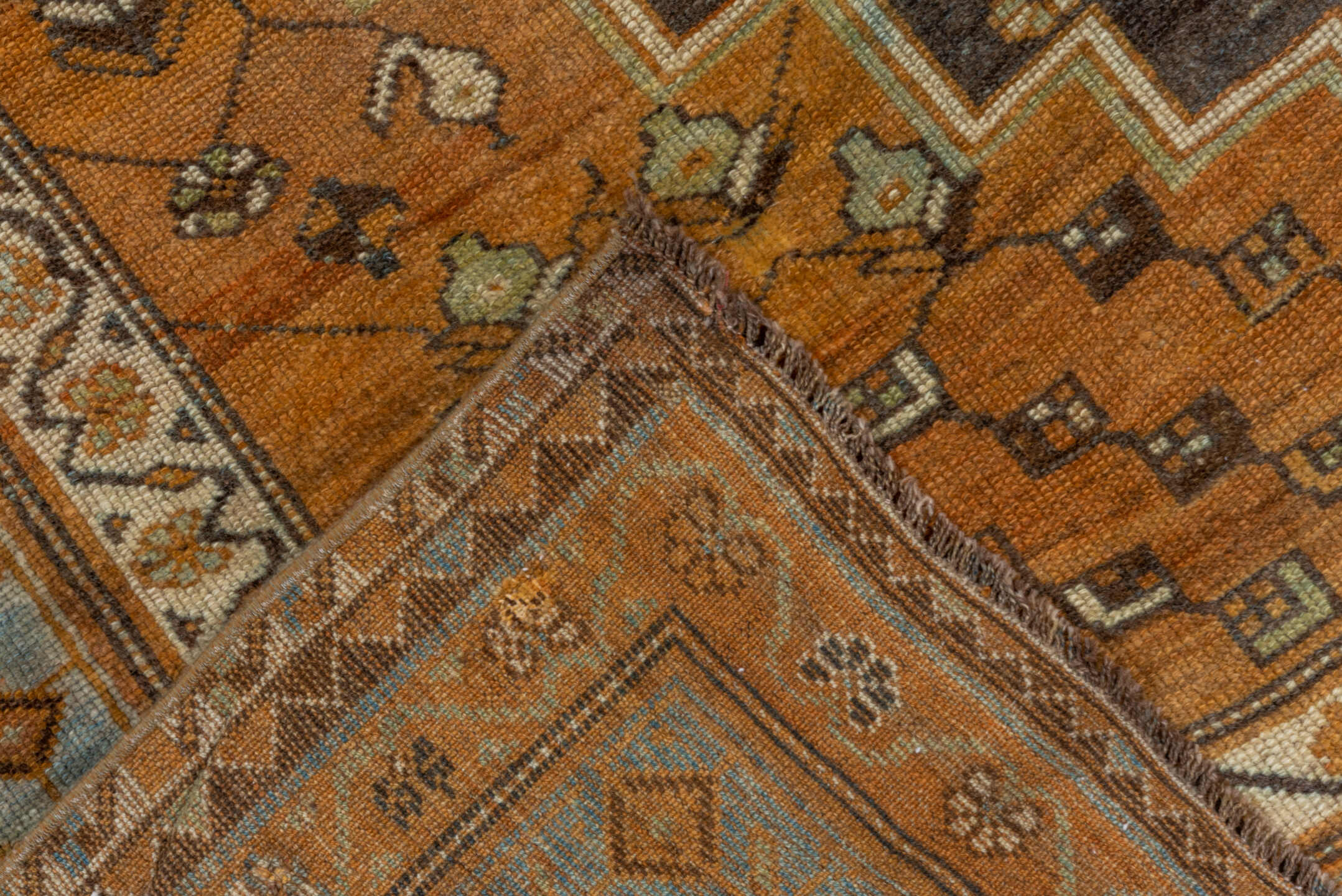 6' x 12' one-of-a-kind handmade vintage Kurd large size rug. Color palette: camel, brown, sky blue, ivory, taupe, charcoal