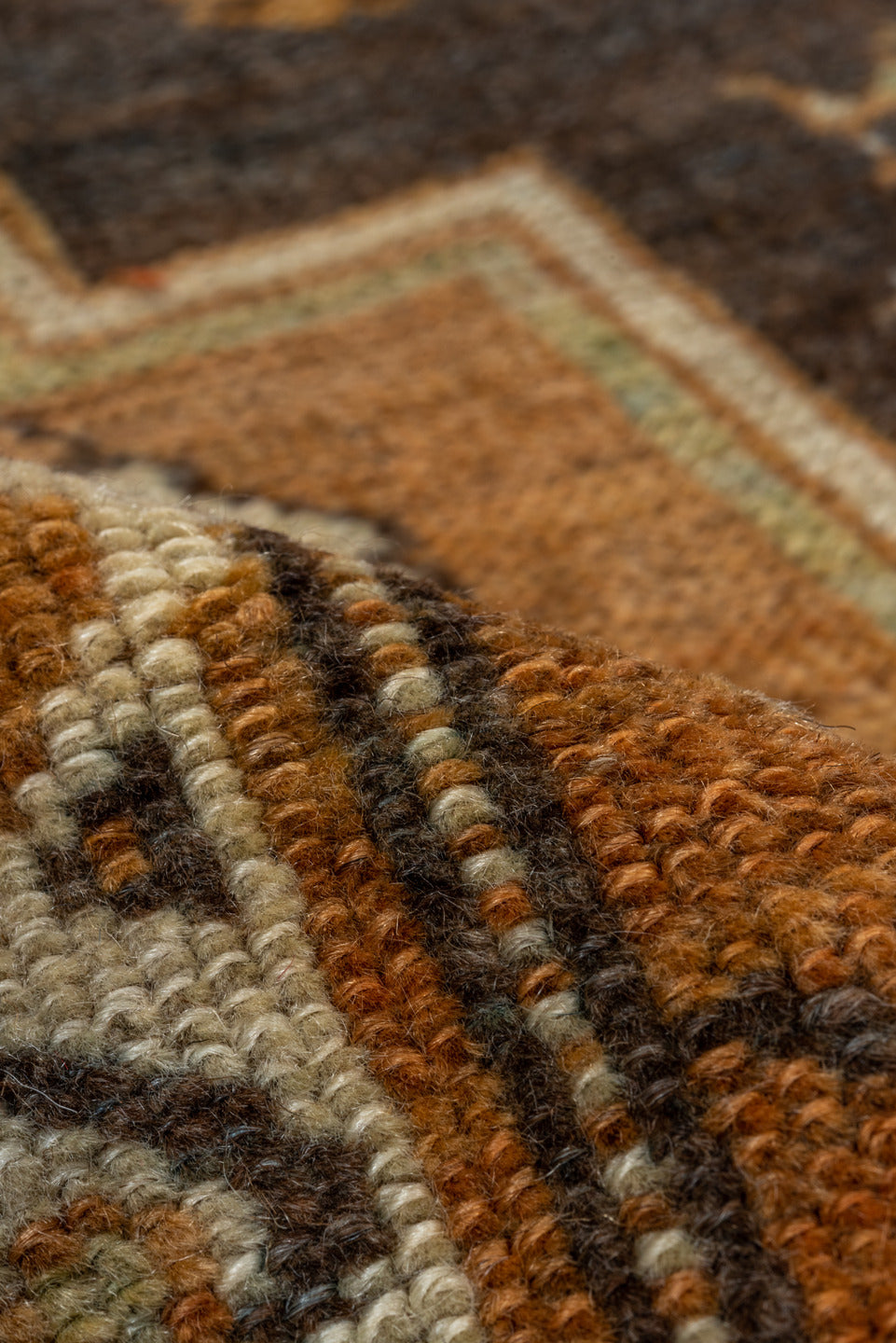 6' x 12' one-of-a-kind handmade vintage Kurd large size rug. Color palette: camel, brown, sky blue, ivory, taupe, charcoal