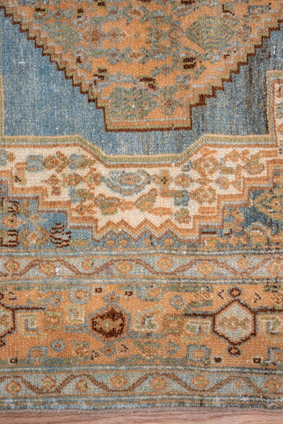 3' x 5' one-of-a-kind handmade vintage Senne small size rug. Color palette: camel, sky blue, ivory, taupe, brown, sage
