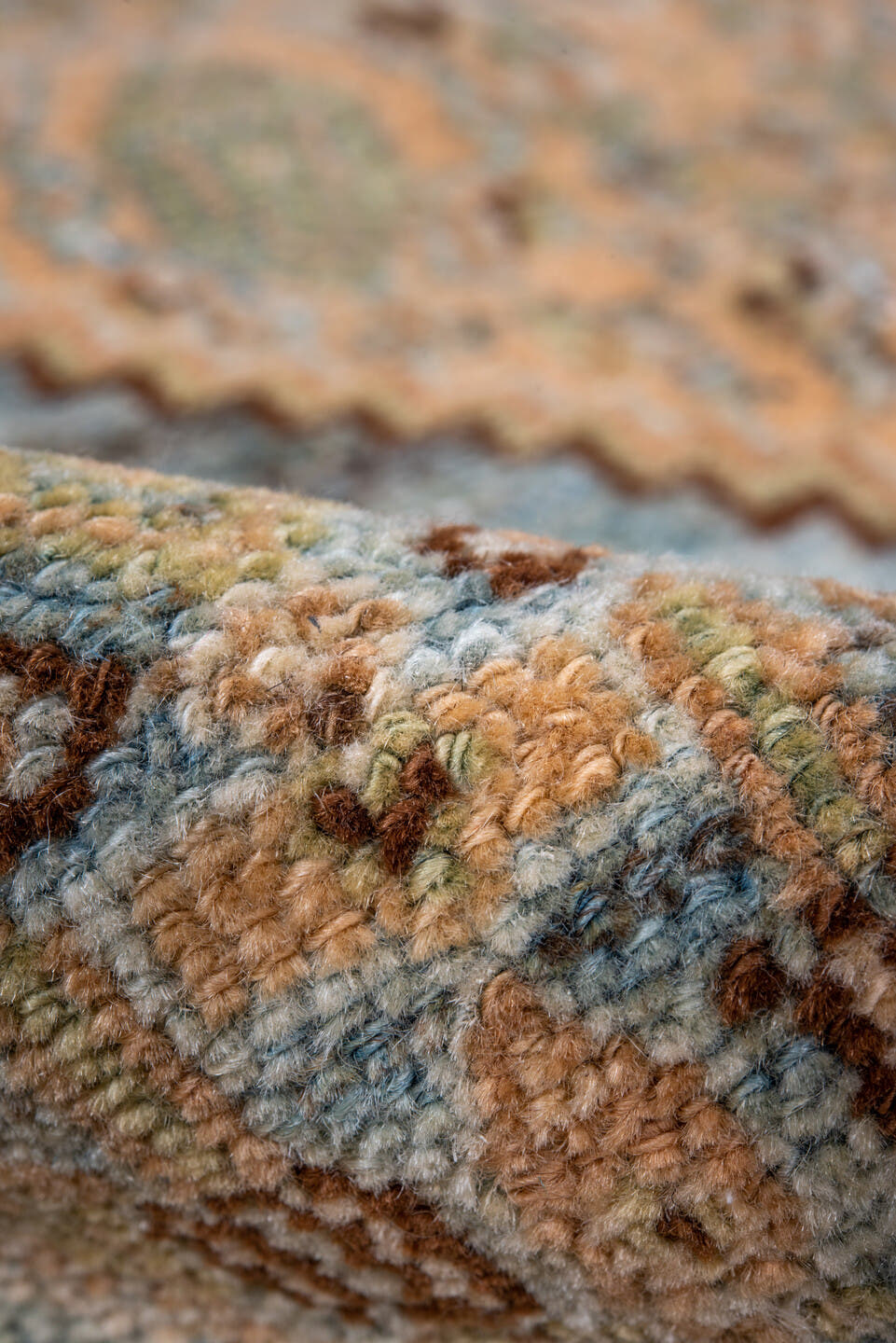 3' x 5' one-of-a-kind handmade vintage Senne small size rug. Color palette: camel, sky blue, ivory, taupe, brown, sage