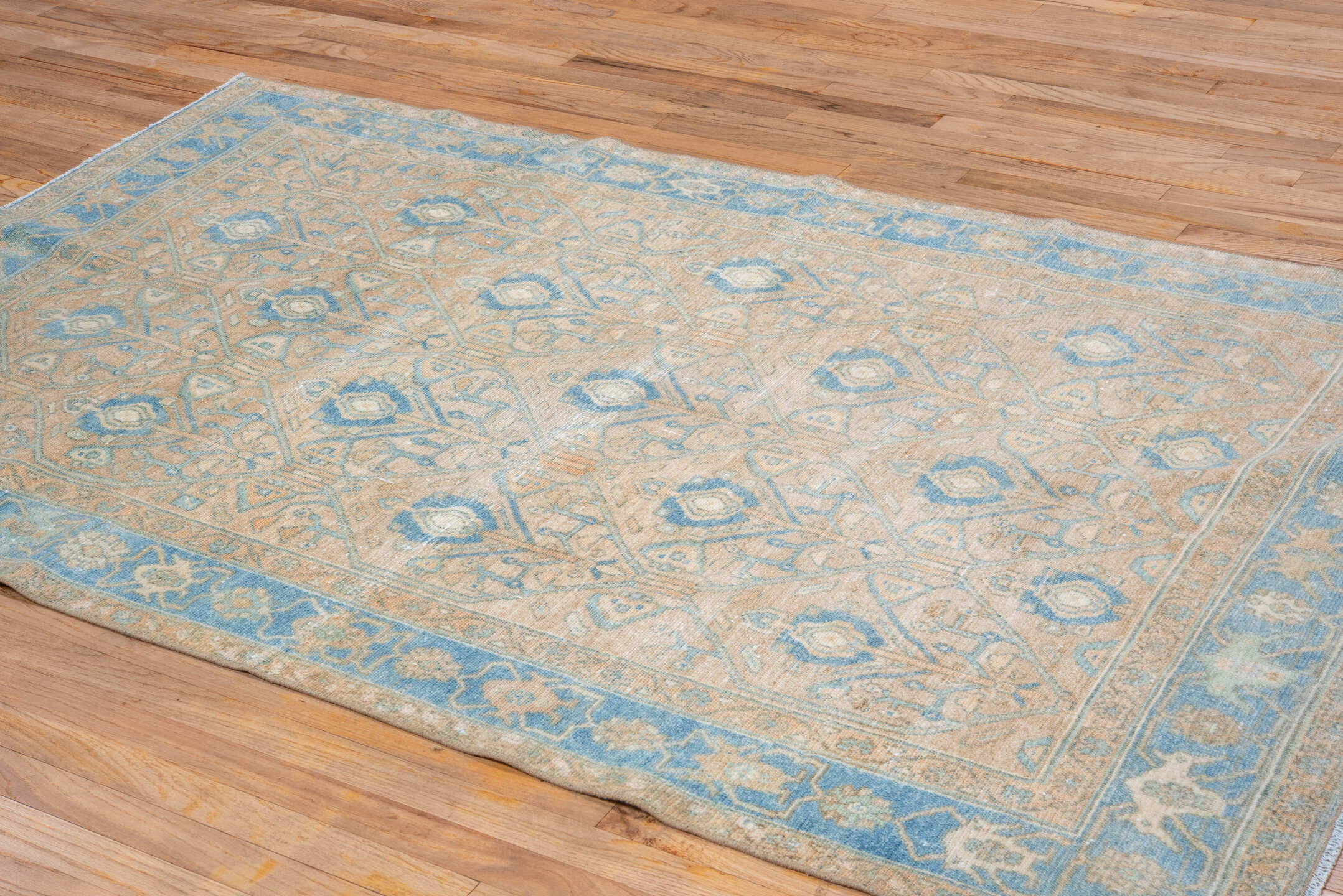 4' x 7' one-of-a-kind handmade vintage Malayer rug. Color palette: blue, brown, gray, light blue, light gray, off-white