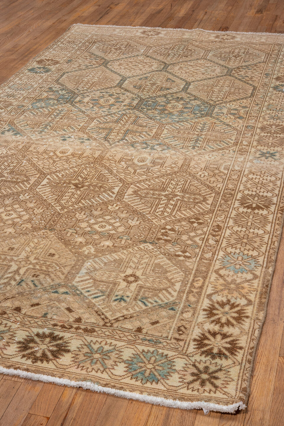 5' x 10' one-of-a-kind handmade vintage Baktiary medium size rug. Color palette: camel, ivory, taupe, brown, sky_blue, beige