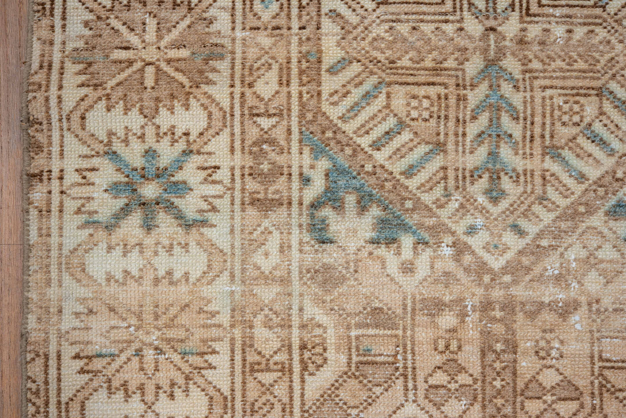 5' x 10' one-of-a-kind handmade vintage Baktiary medium size rug. Color palette: camel, ivory, taupe, brown, sky_blue, beige