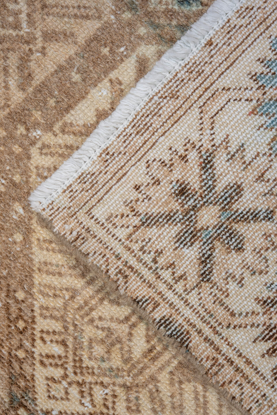 5' x 10' one-of-a-kind handmade vintage Baktiary medium size rug. Color palette: camel, ivory, taupe, brown, sky_blue, beige
