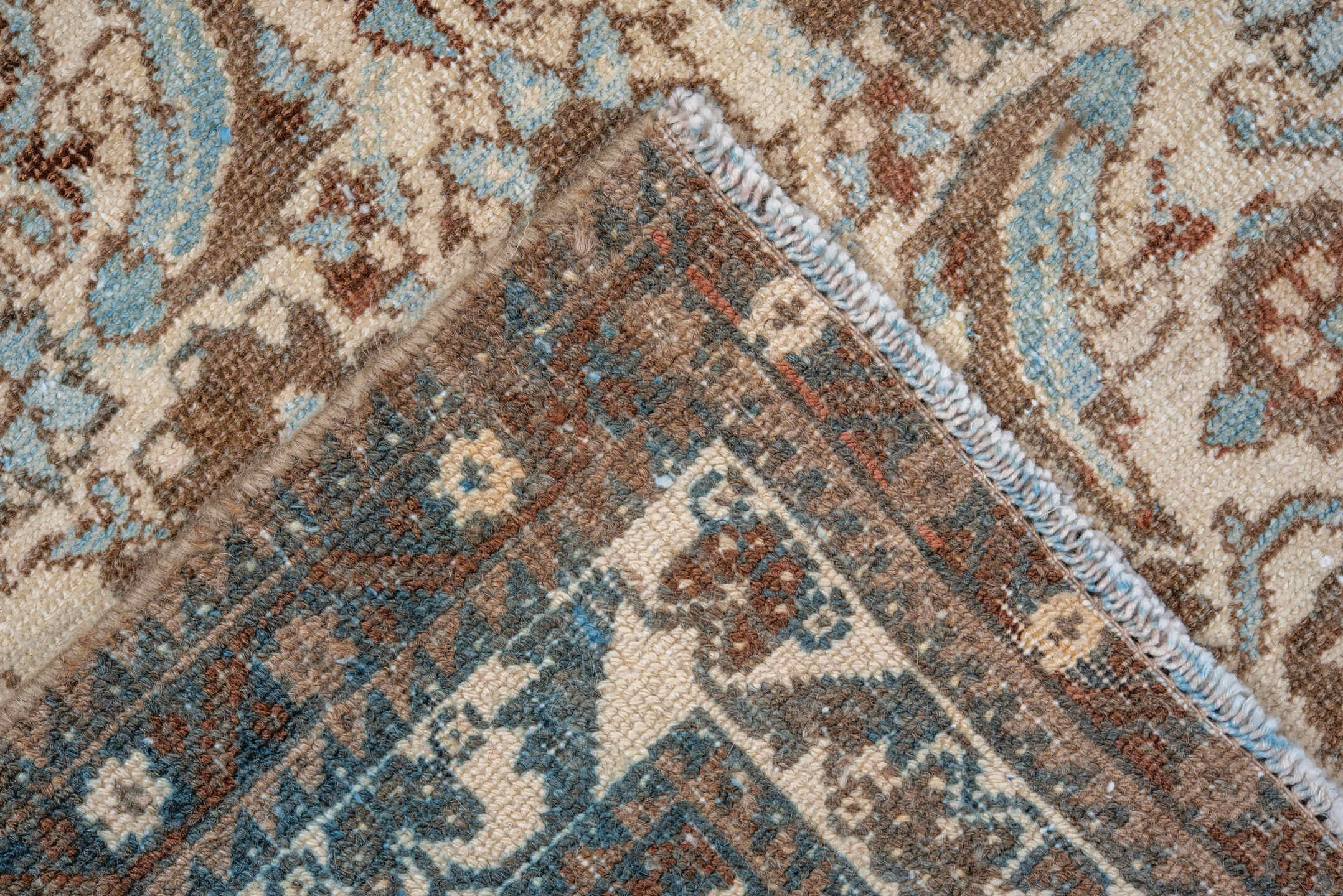 5' x 6' one-of-a-kind handmade vintage Malayer rug. Color palette: ivory, camel, sky_blue, taupe, brown, beige, light blue