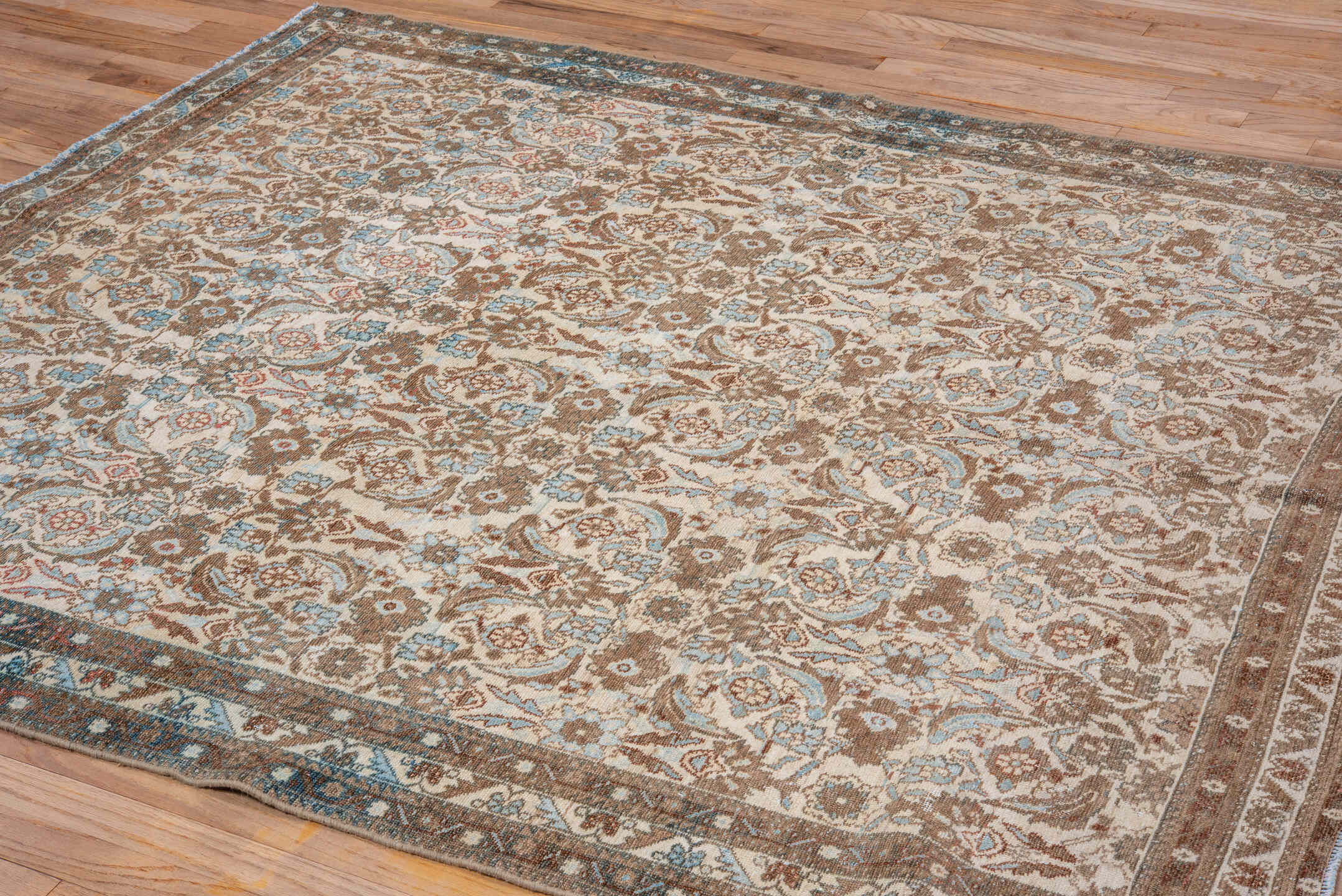 5' x 6' one-of-a-kind handmade vintage Malayer rug. Color palette: ivory, camel, sky_blue, taupe, brown, beige, light blue