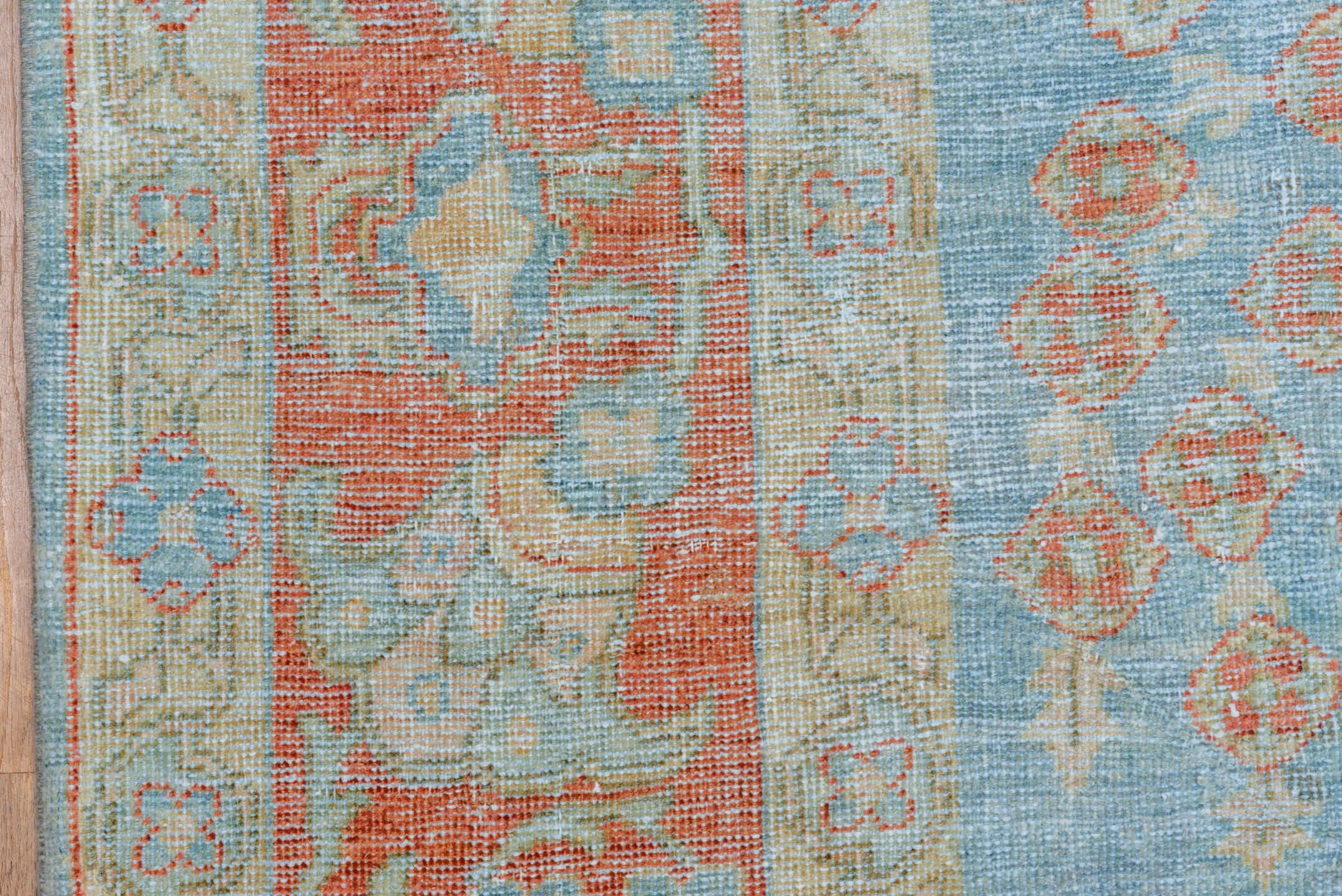 8' x 12' one-of-a-kind handmade vintage Mahal large size rug. Color palette: sky blue, ivory, rust, pale blue, coral, cream