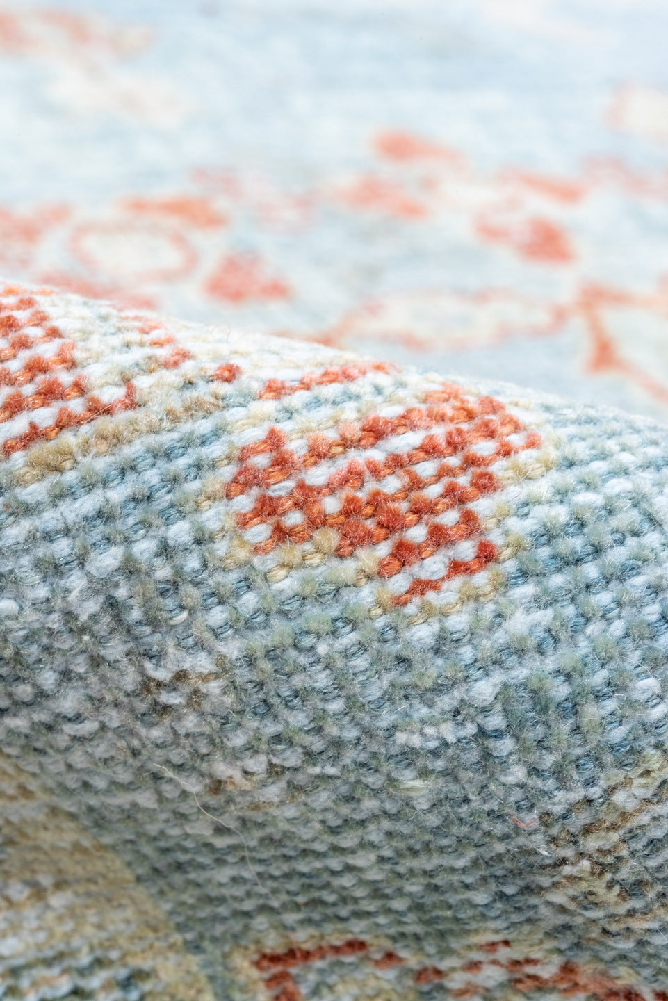 8' x 12' one-of-a-kind handmade vintage Mahal large size rug. Color palette: sky blue, ivory, rust, pale blue, coral, cream