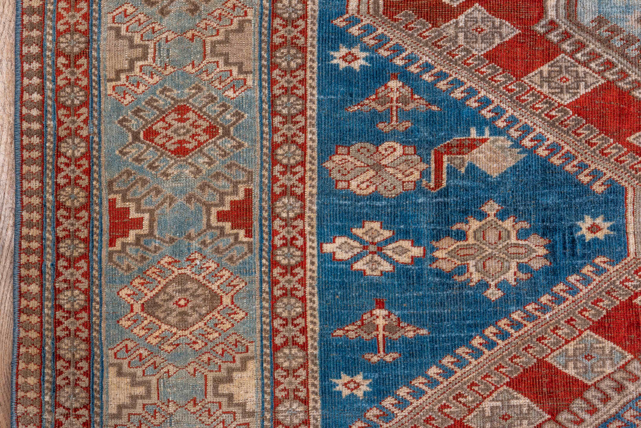 7' x 10' one-of-a-kind handmade vintage Shiraz large size rug. Color palette: blue, ivory, rust, light blue, camel, taupe