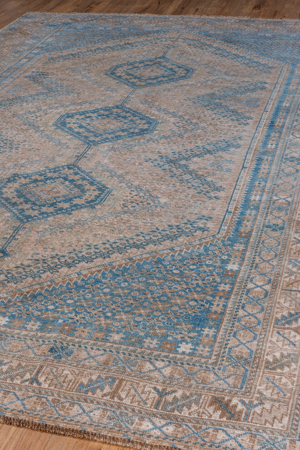 6' x 10' one-of-a-kind handmade vintage Shiraz large size rug. Color palette: ivory, sky blue, taupe, beige, slate, camel