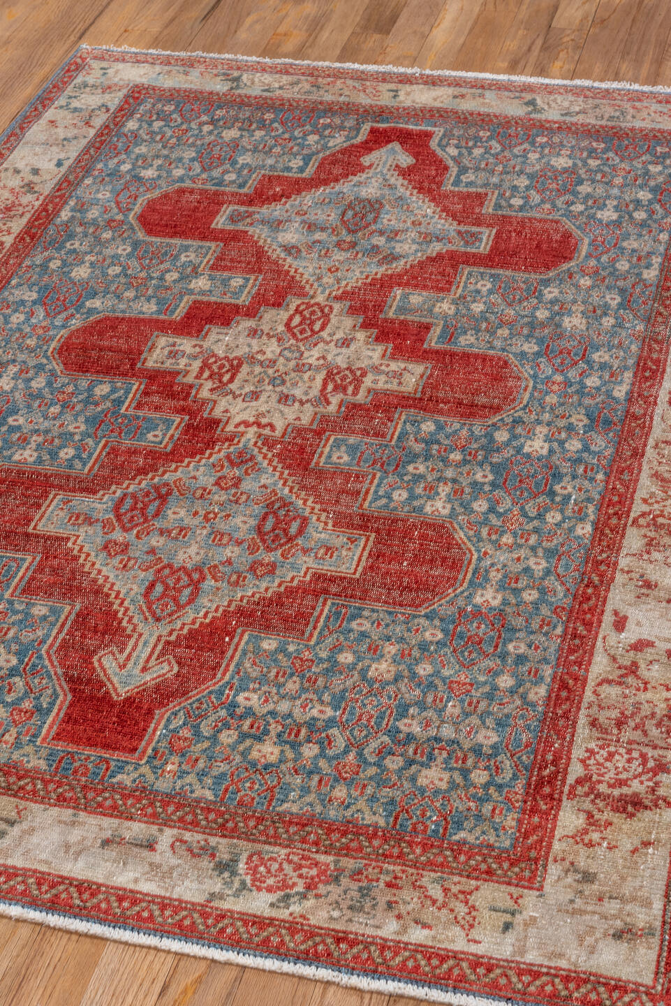 3' x 4' one-of-a-kind handmade vintage Senne small size rug. Color palette: sky blue, rust, ivory, slate, terracotta