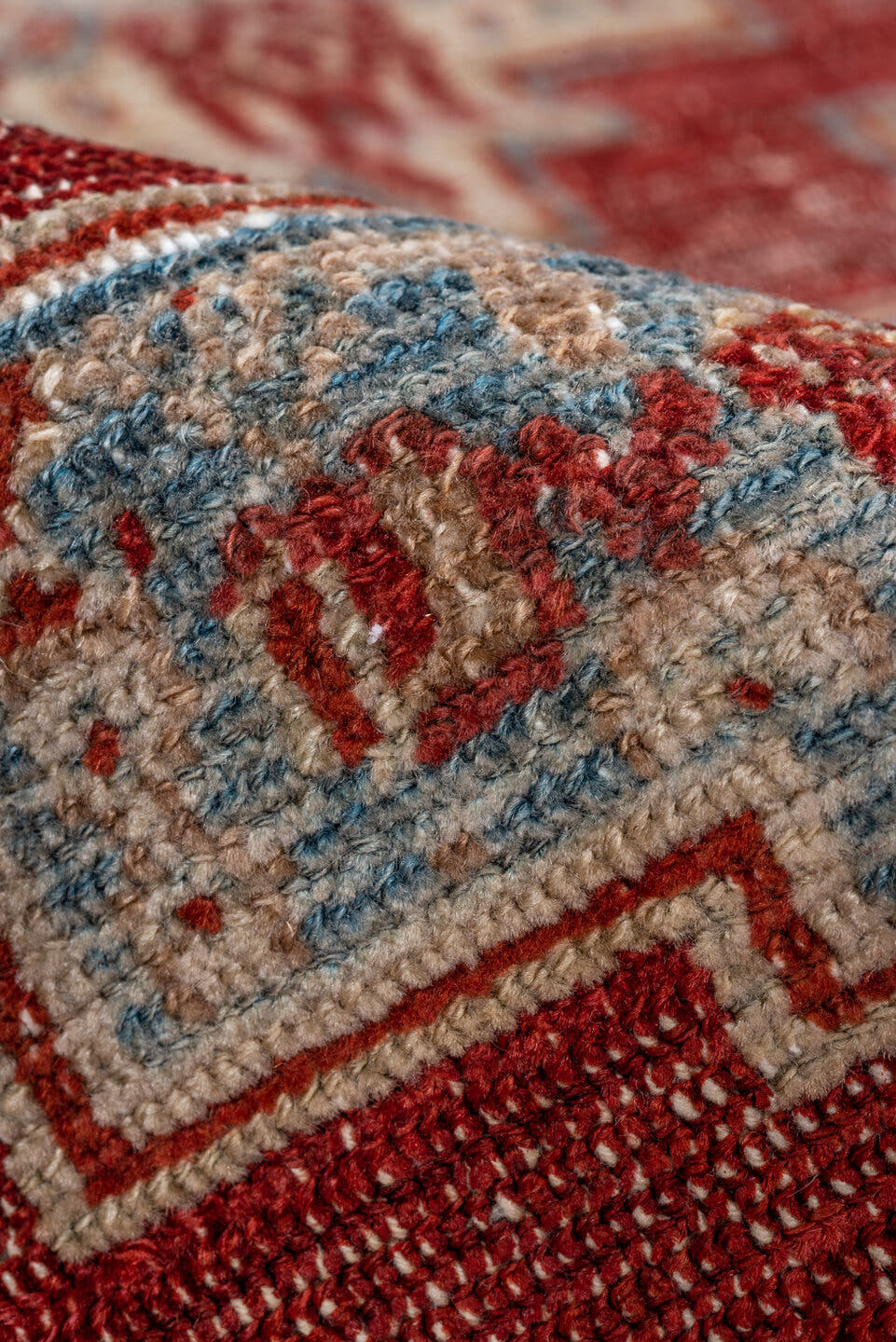 3' x 4' one-of-a-kind handmade vintage Senne small size rug. Color palette: sky blue, rust, ivory, slate, terracotta