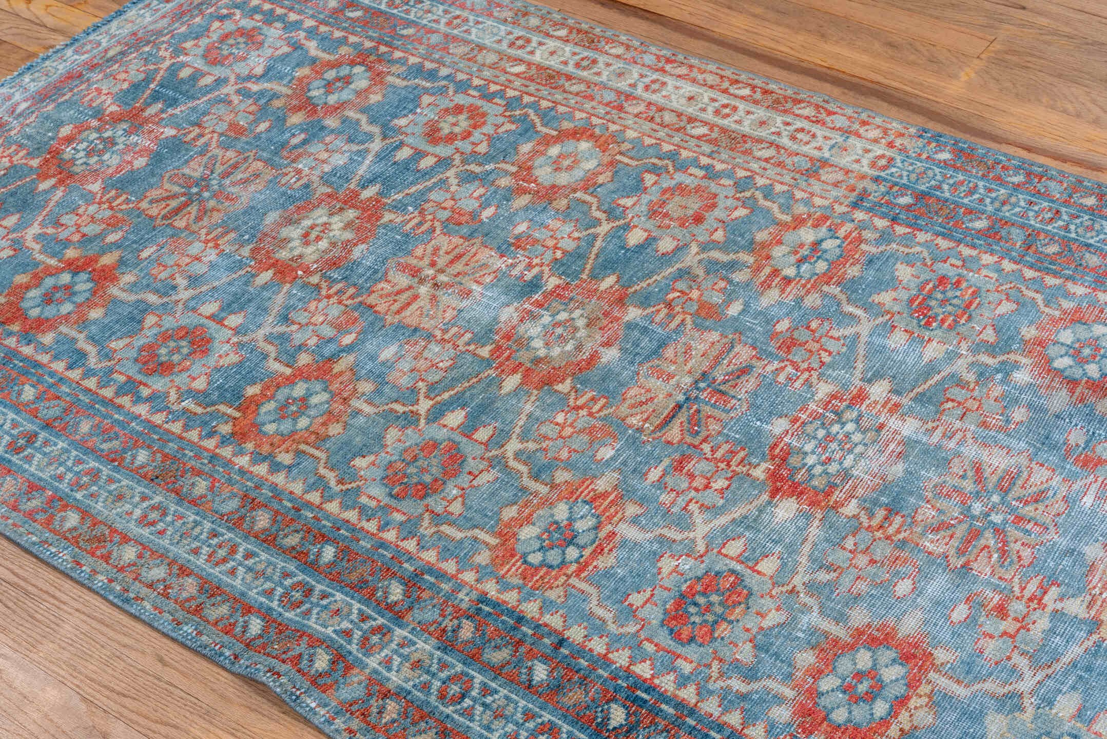 3' x 6' one-of-a-kind handmade vintage Malayer small size rug. Color palette: sky blue, rust, ivory, coral, slate, teal