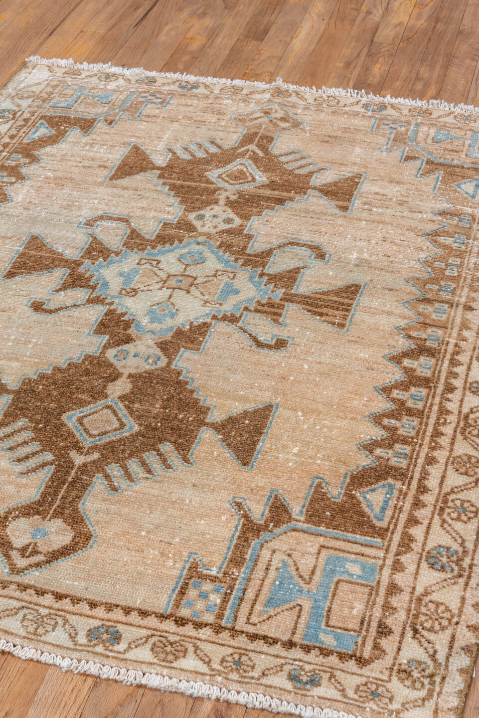 3' x 4' one-of-a-kind handmade vintage Malayer small size rug. Color palette: ivory, camel, sky_blue, taupe, light_blue