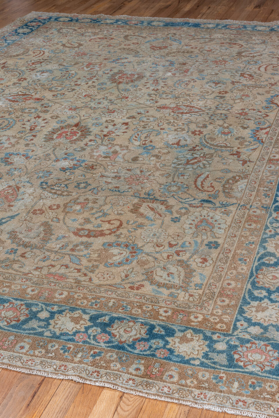 8' x 11' one-of-a-kind handmade vintage Tabriz large size rug. Color palette: ivory, blue, taupe, rust, sky_blue, cream
