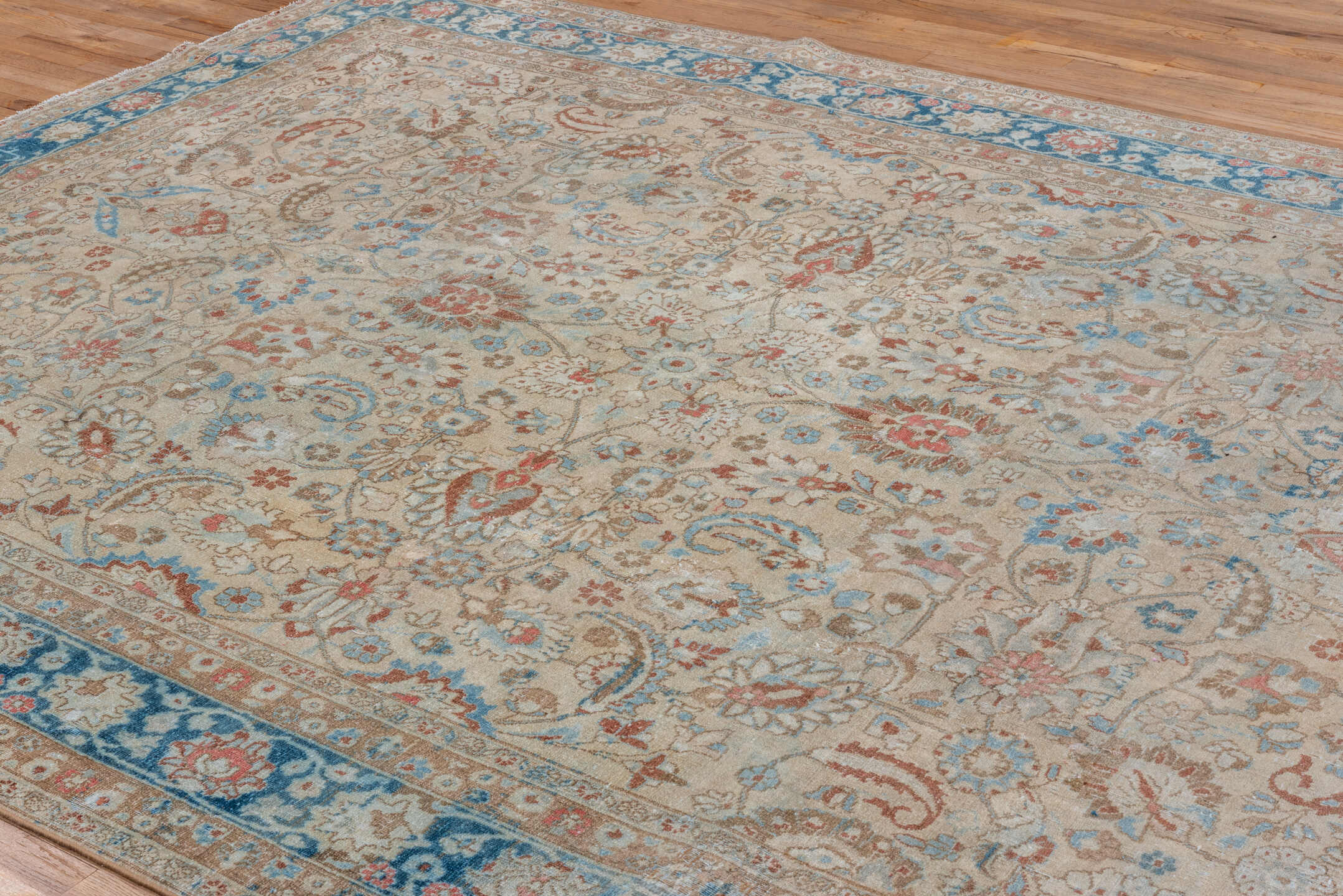 8' x 11' one-of-a-kind handmade vintage Tabriz large size rug. Color palette: ivory, blue, taupe, rust, sky_blue, cream
