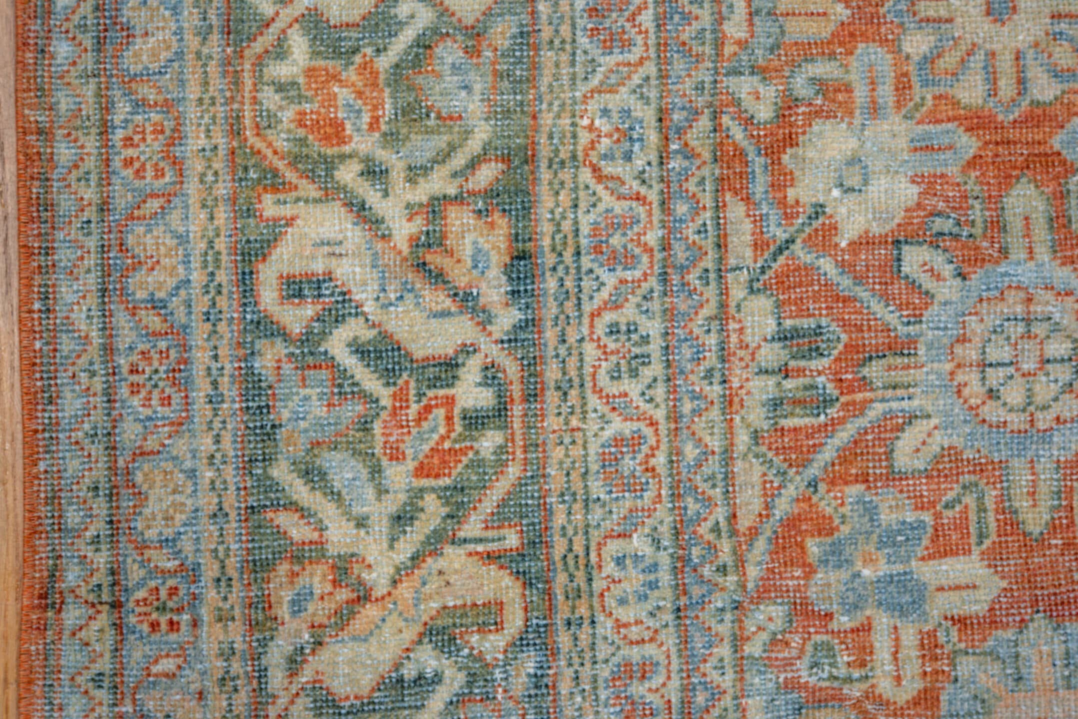 7' x 10' one-of-a-kind handmade vintage Mahal large size rug. Color palette: terra cotta, pale aqua, ivory, beige, sage