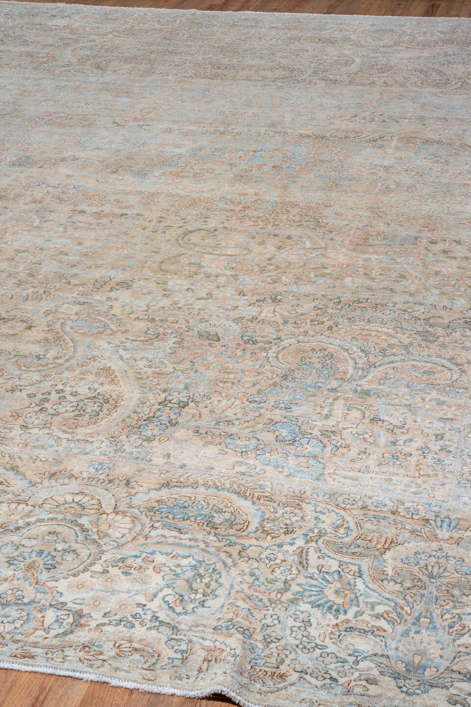13' x 15' one-of-a-kind handmade vintage Kerman oversize rug. Color palette: ivory, sky blue, beige, taupe, blush, camel