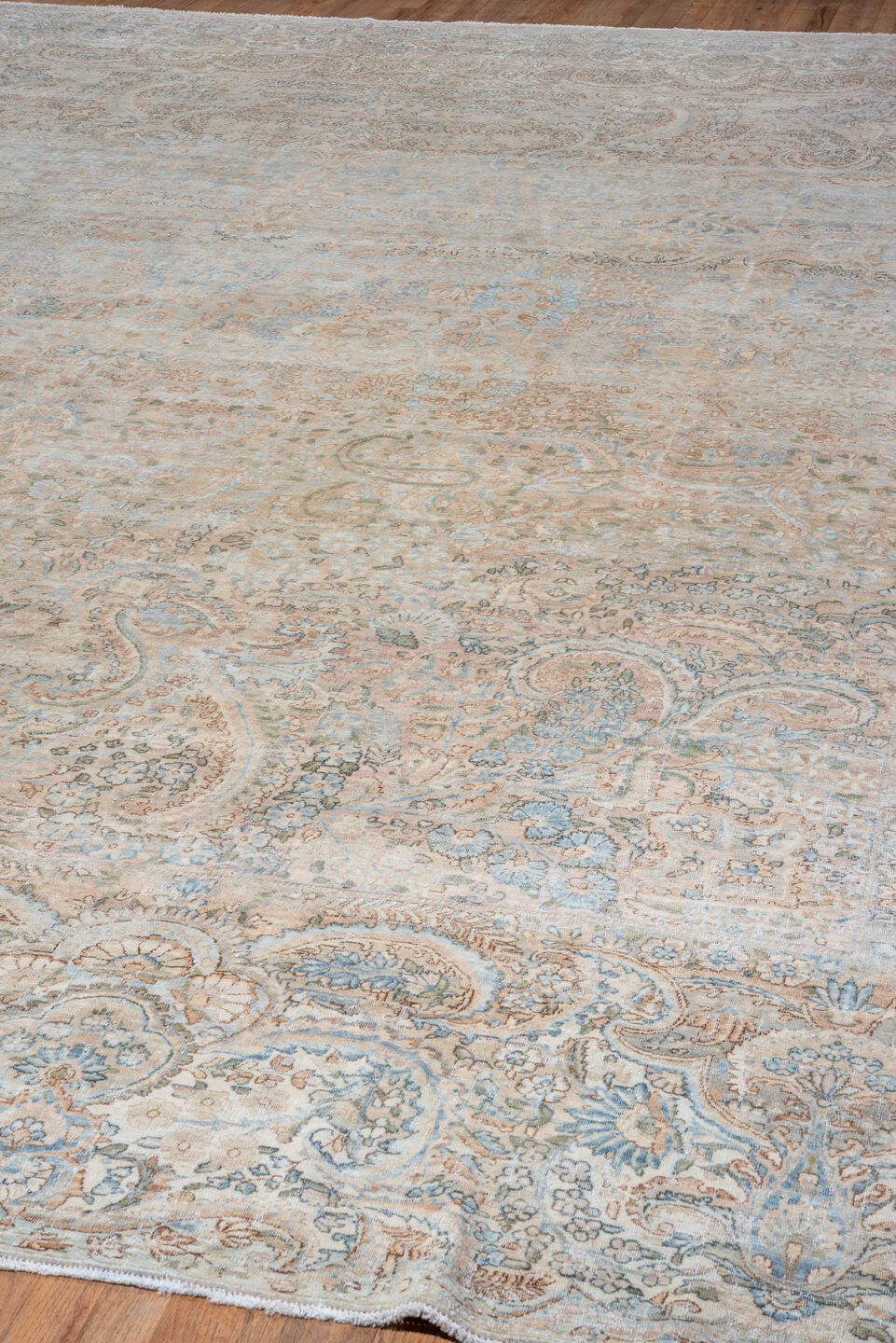 13' x 15' one-of-a-kind handmade vintage Kerman oversize rug. Color palette: ivory, sky blue, beige, taupe, blush, camel