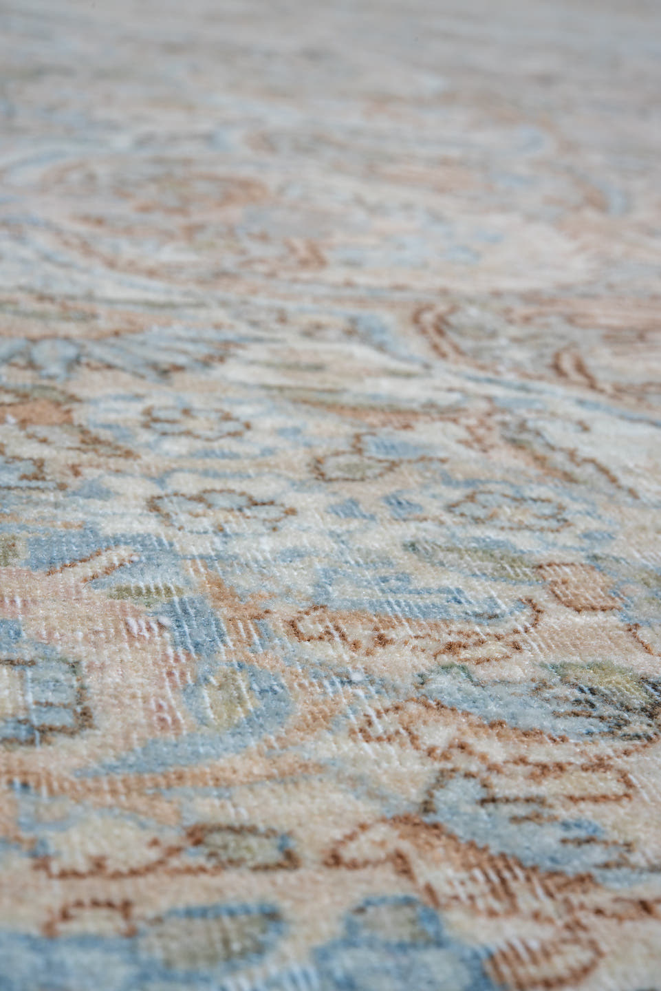 13' x 15' one-of-a-kind handmade vintage Kerman oversize rug. Color palette: ivory, sky blue, beige, taupe, blush, camel