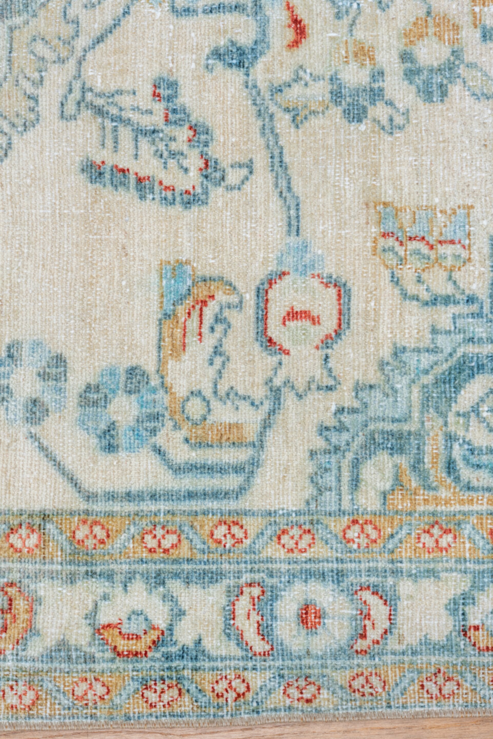 3' x 4' one-of-a-kind handmade vintage Lilian small size rug. Color palette: ivory, pale blue, sky blue, coral, gold