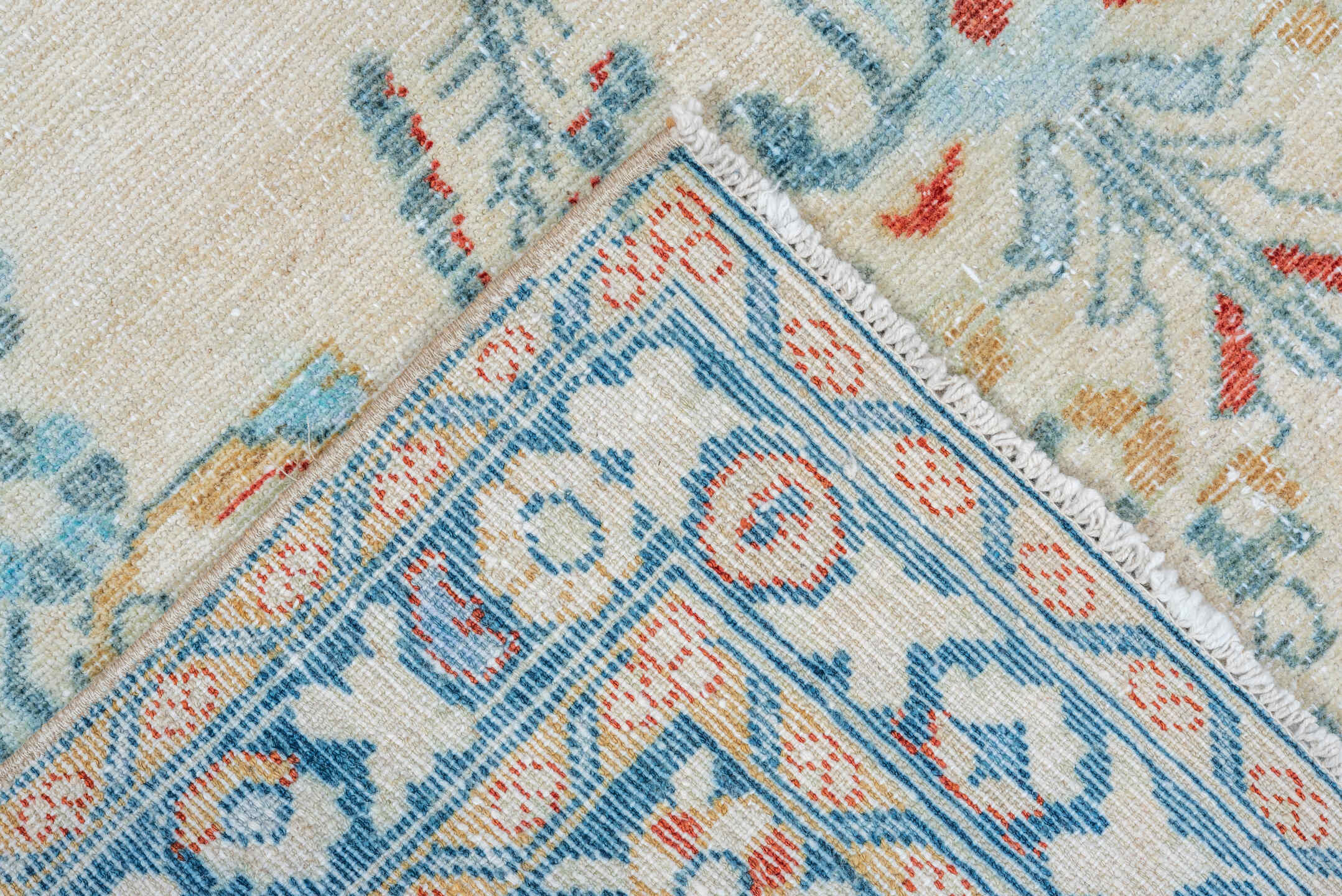 3' x 4' one-of-a-kind handmade vintage Lilian small size rug. Color palette: ivory, pale blue, sky blue, coral, gold