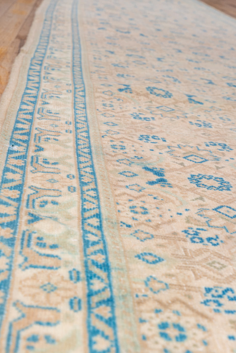 2' x 22' one-of-a-kind handmade vintage Tabriz runner rug. Color palette: ivory, sky blue, beige, camel, taupe, light blue