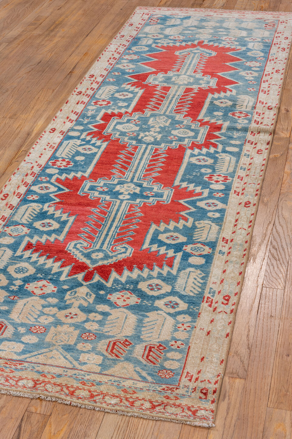 2' x 8' one-of-a-kind handmade vintage Malayer runner rug. Color palette: blue, brown, gray, light gray, off-white, red