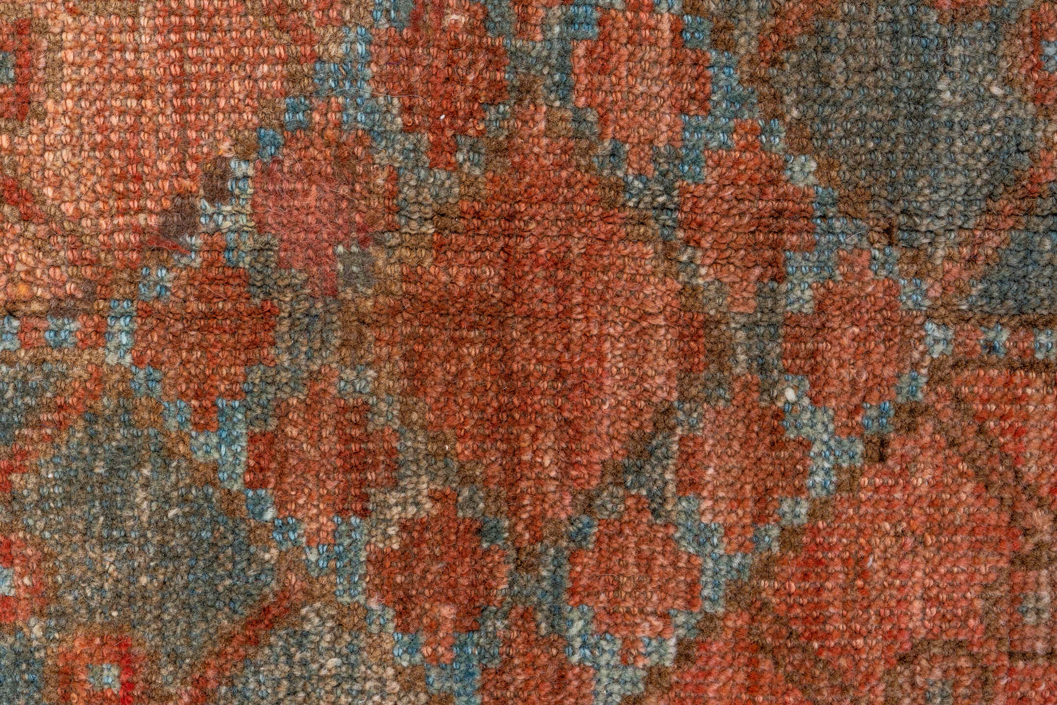 7' x 8' one-of-a-kind handmade vintage Afghan rug. Color palette: rust, terra cotta, dusty rose, sage, taupe, brown