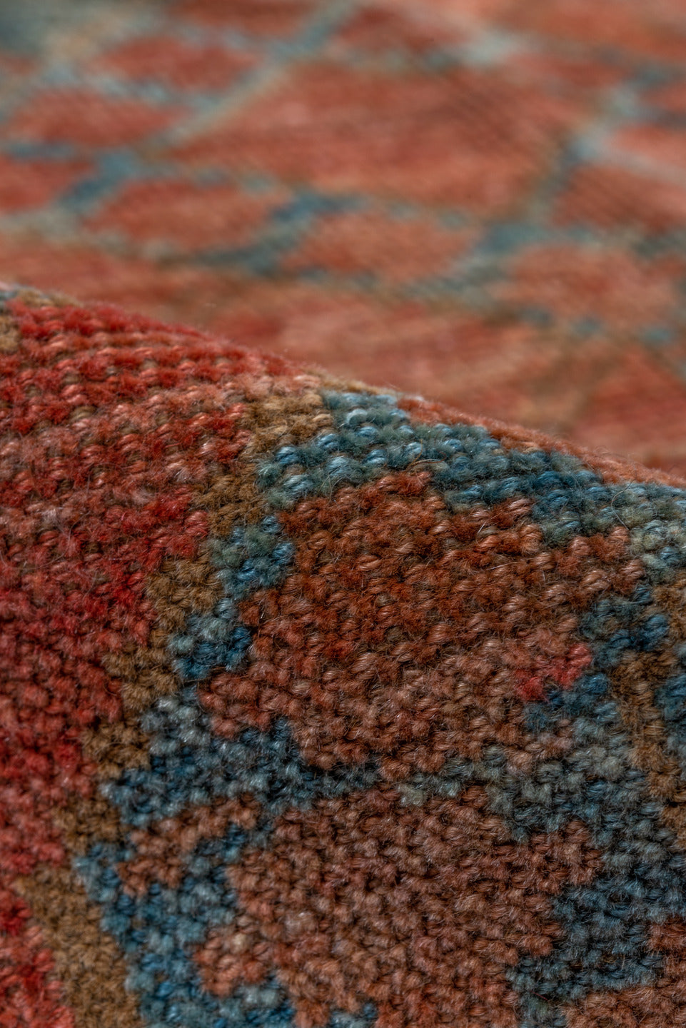 7' x 8' one-of-a-kind handmade vintage Afghan rug. Color palette: rust, terra cotta, dusty rose, sage, taupe, brown