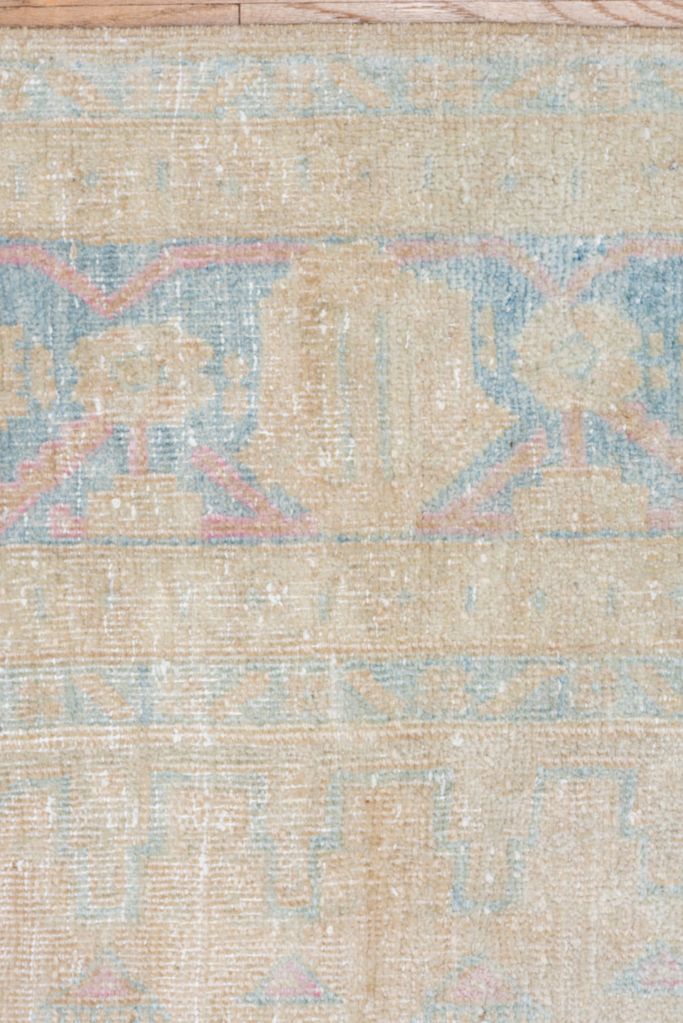 7' x 11' one-of-a-kind handmade vintage Veece large size rug. Color palette: ivory, pale blue, beige, blush, cream, taupe
